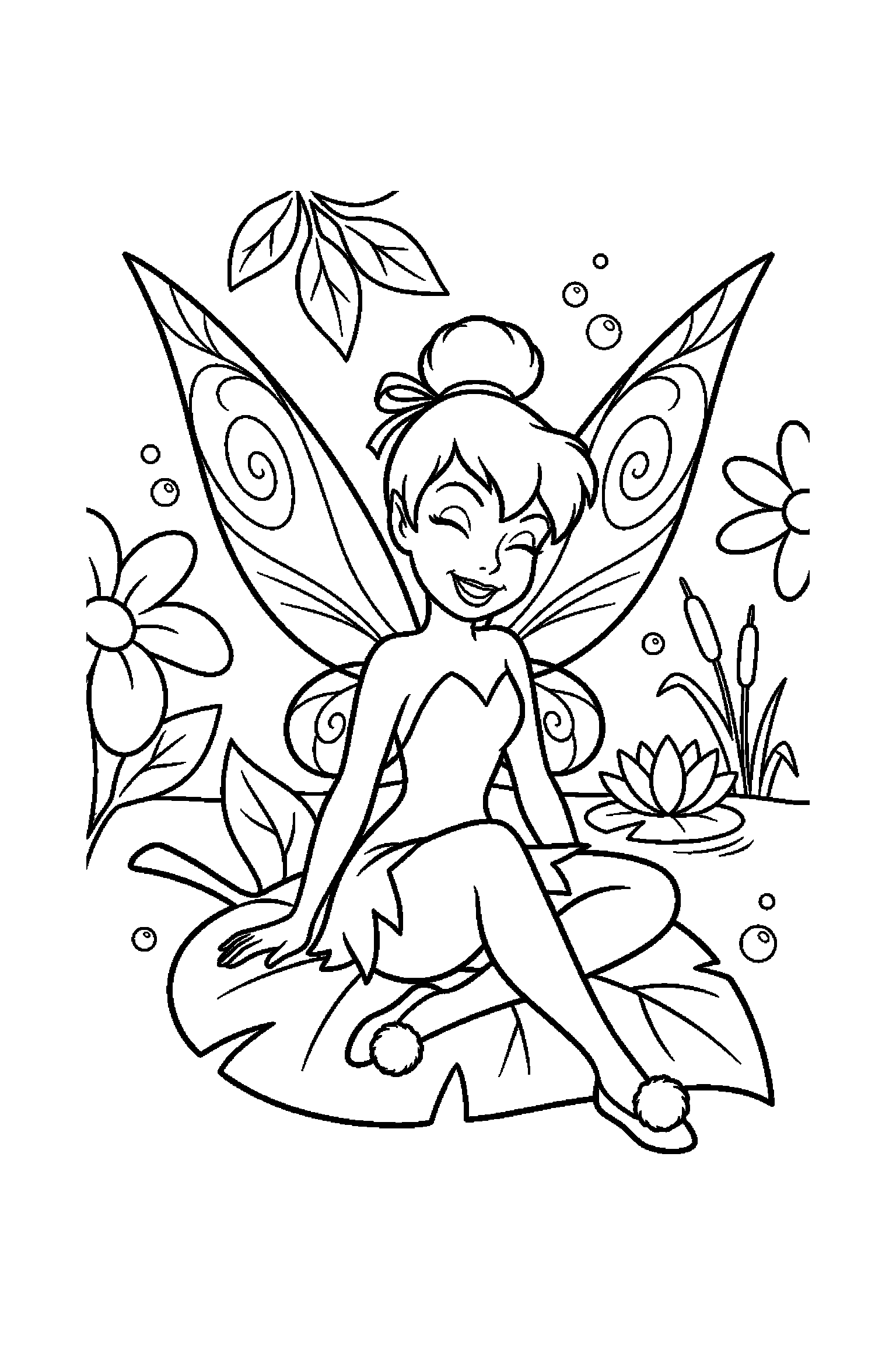 Coloriage Fée Clochette gratuit à imprimer : Clochette assis qui sourit de tout son cœur