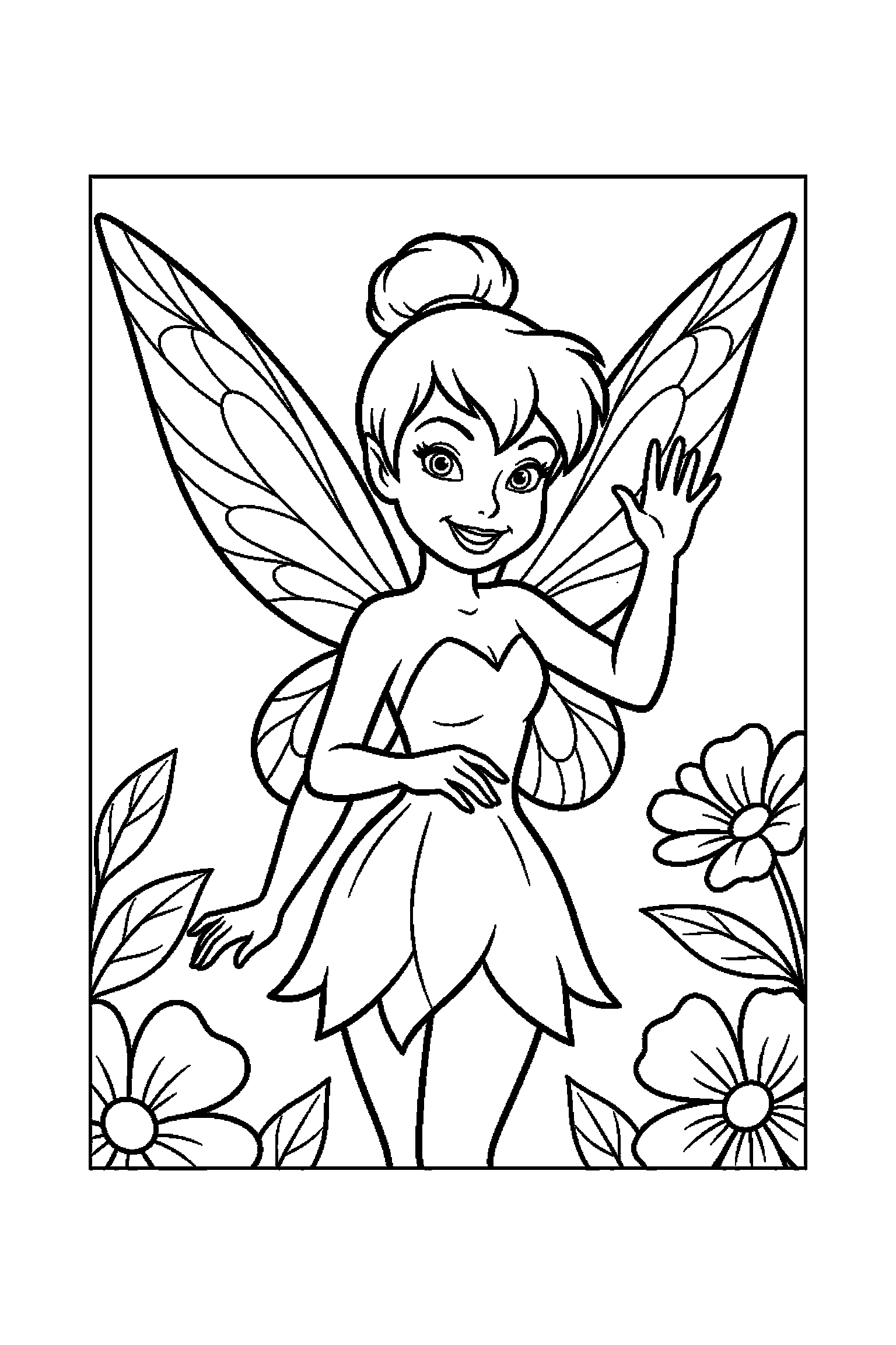 Coloriage Fée Clochette gratuit à imprimer : une petite fée qui fait coucou en levant la main