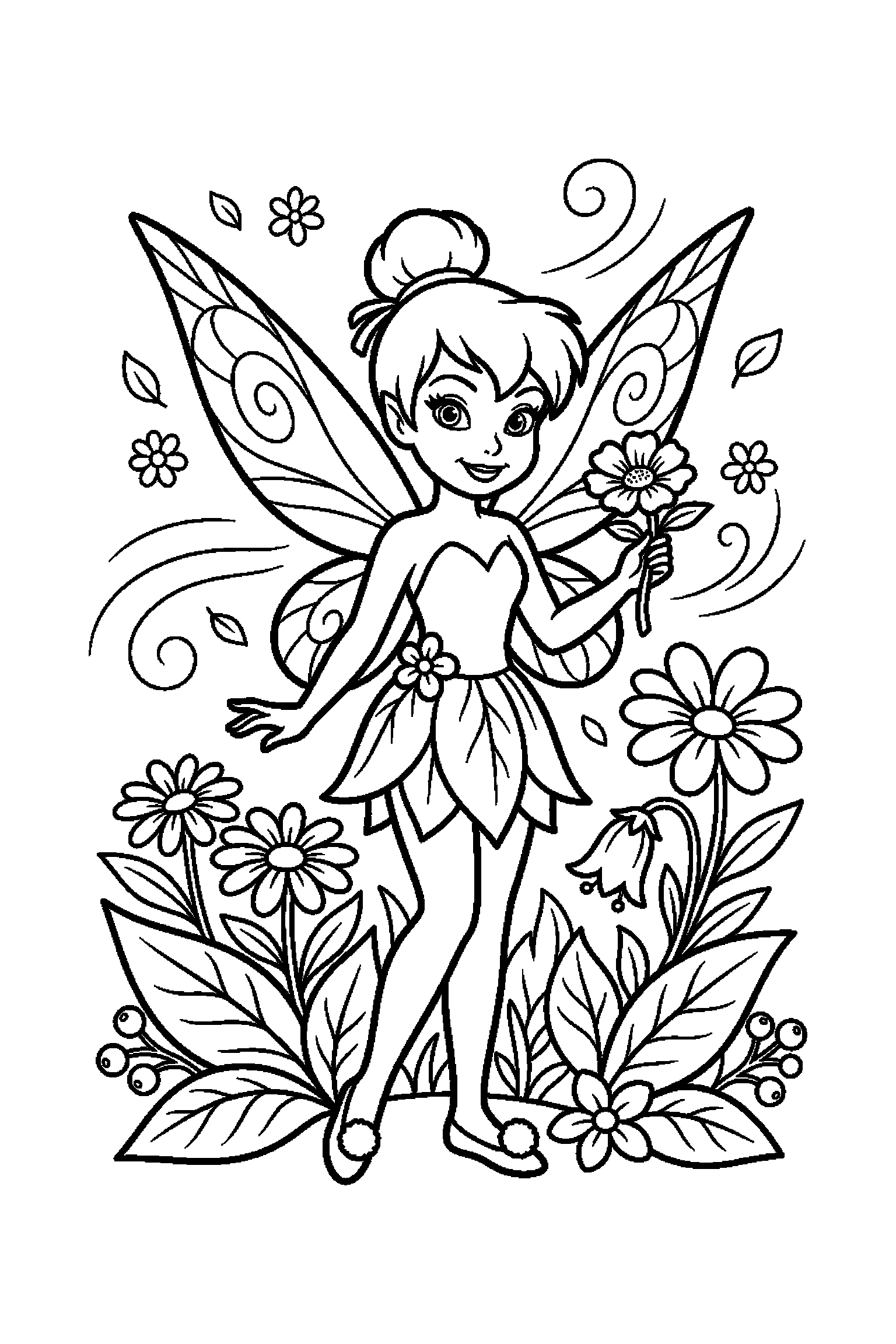 Coloriage Fée Clochette gratuit à imprimer : portrait facile avec une fée des fleurs et de grands contours