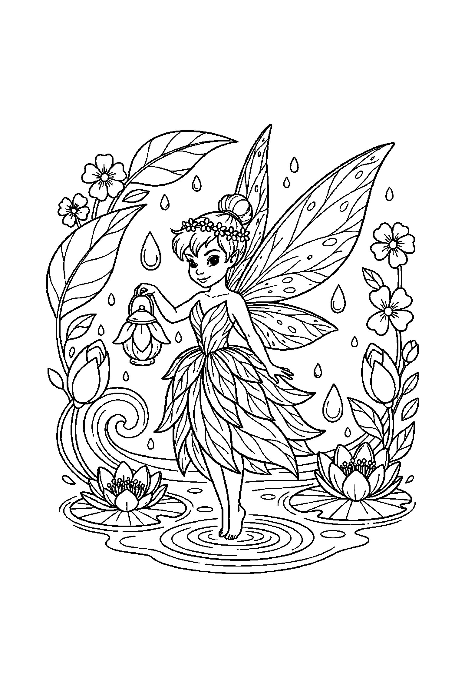 Coloriage Fée Clochette gratuit à imprimer : une fée des eaux tenant une lanterne