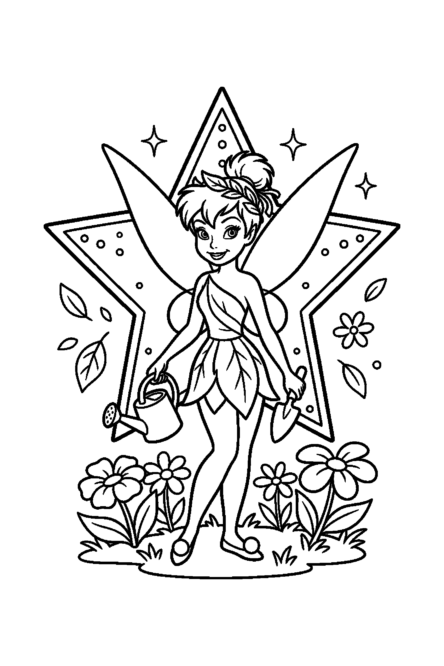 Coloriage Fée Clochette gratuit à imprimer : une fée jardinière devant une étoile