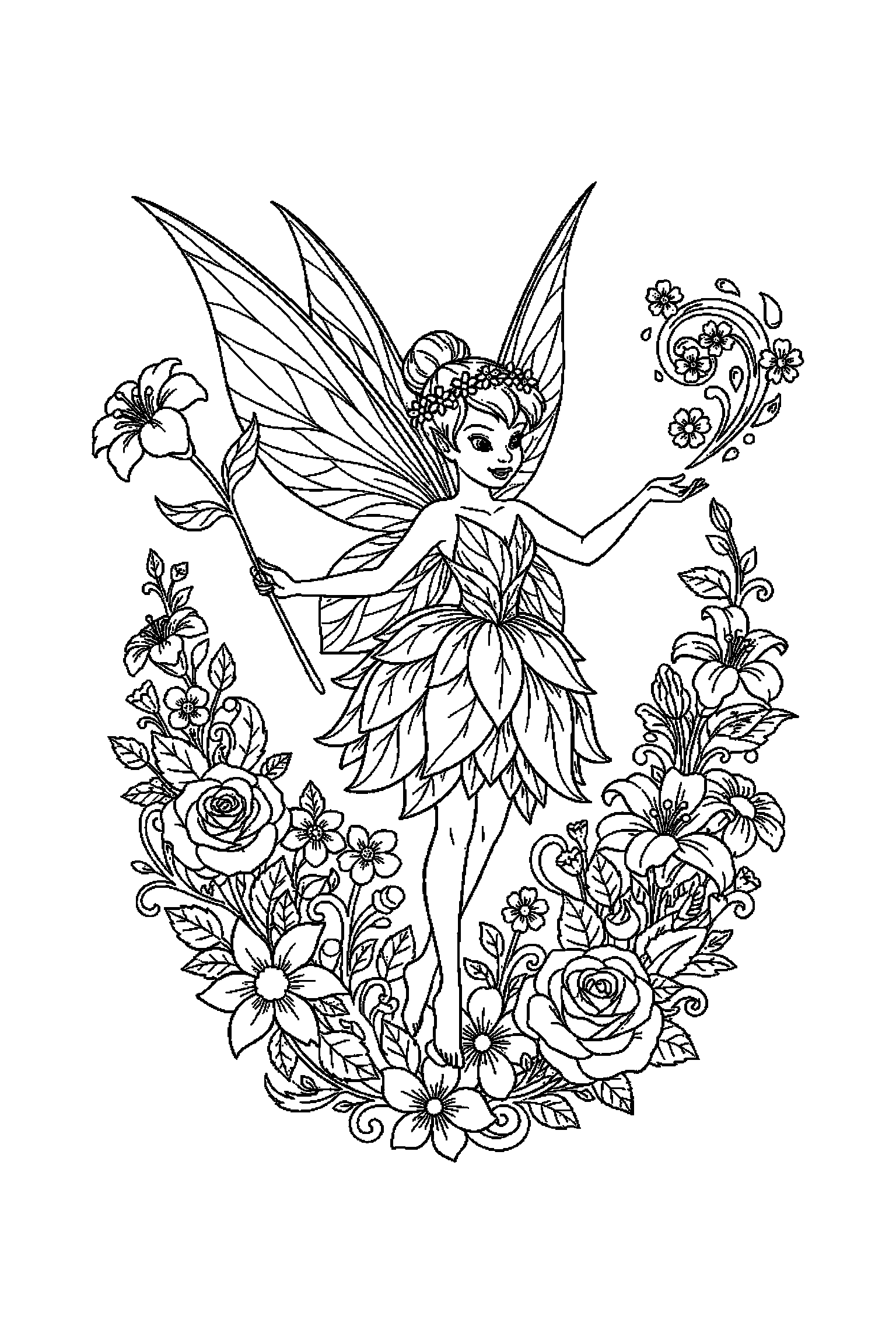 Coloriage Fée Clochette gratuit à imprimer : une fée des fleurs avec fleurs autour de lui
