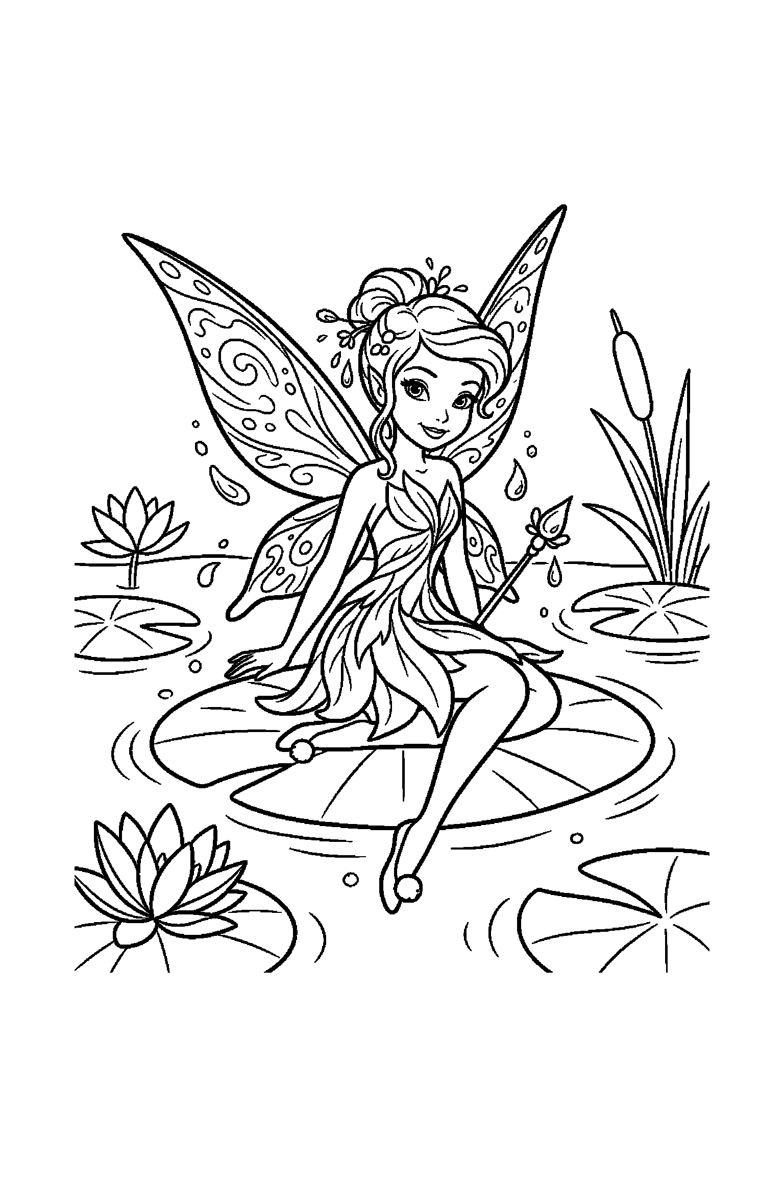 Coloriage Fée Clochette gratuit à imprimer : une fée des eaux posé au centre de la page