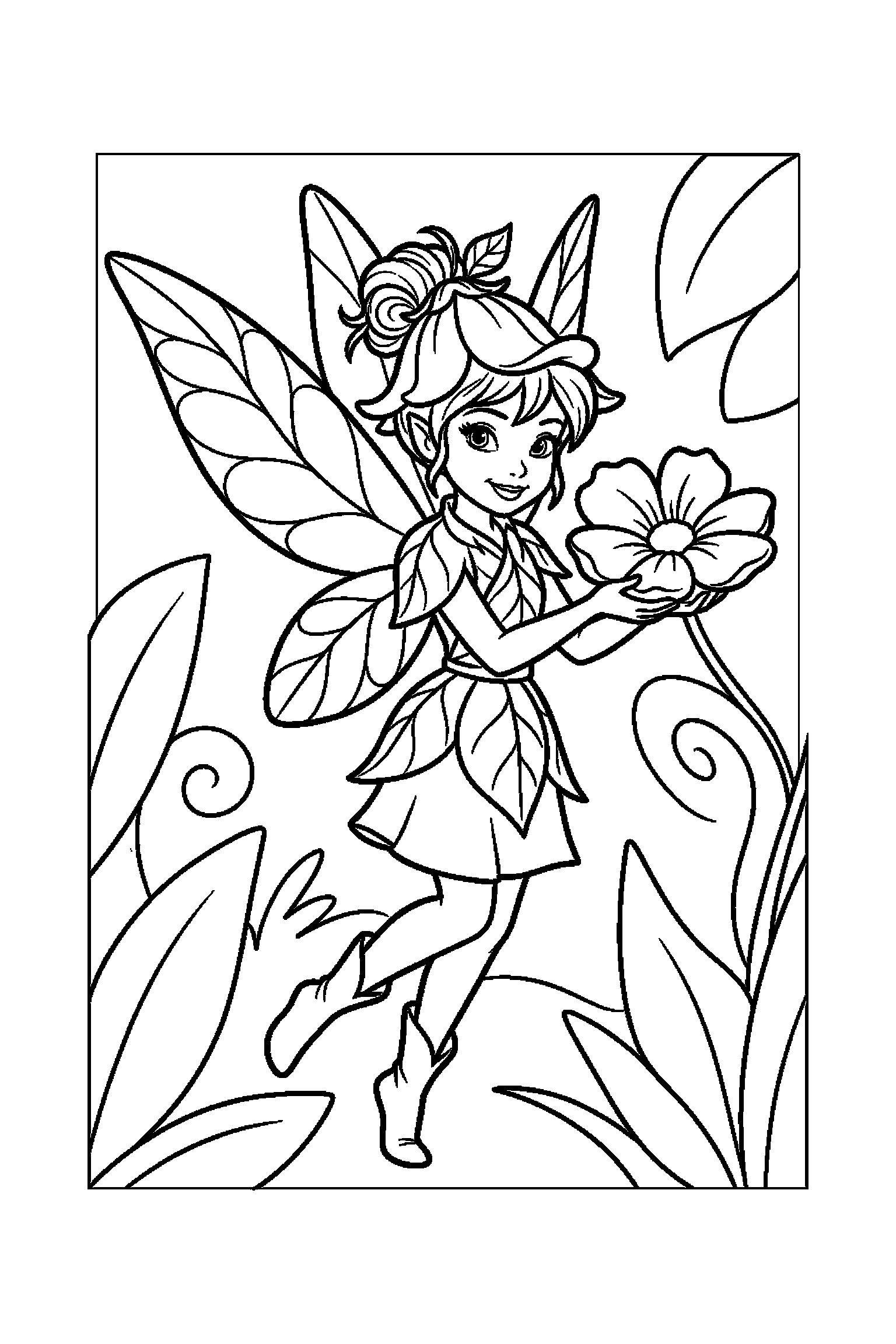 Coloriage Fée Clochette gratuit à imprimer : une fée jardinière tenant une fleur