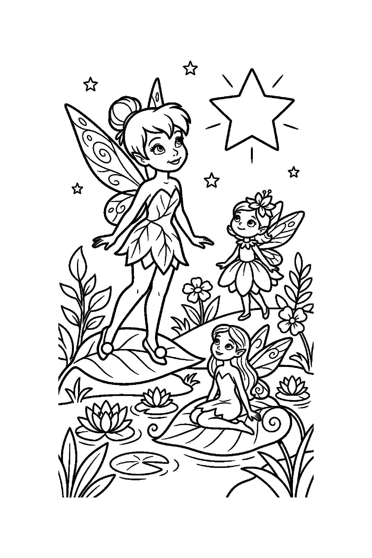 Coloriage Fée Clochette gratuit à imprimer : une petite fée qui regarde une étoile