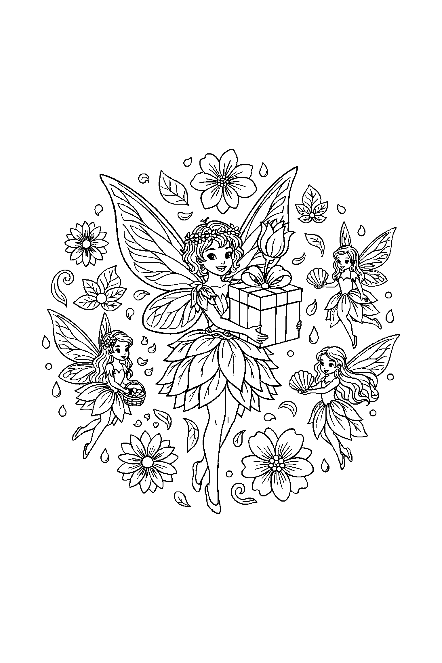 Coloriage Fée Clochette gratuit à imprimer - une fée des fleurs avec un cadeau fermé Coloriage Fée Clochette gratuit à imprimer : une fée des fleurs avec un cadeau fermé