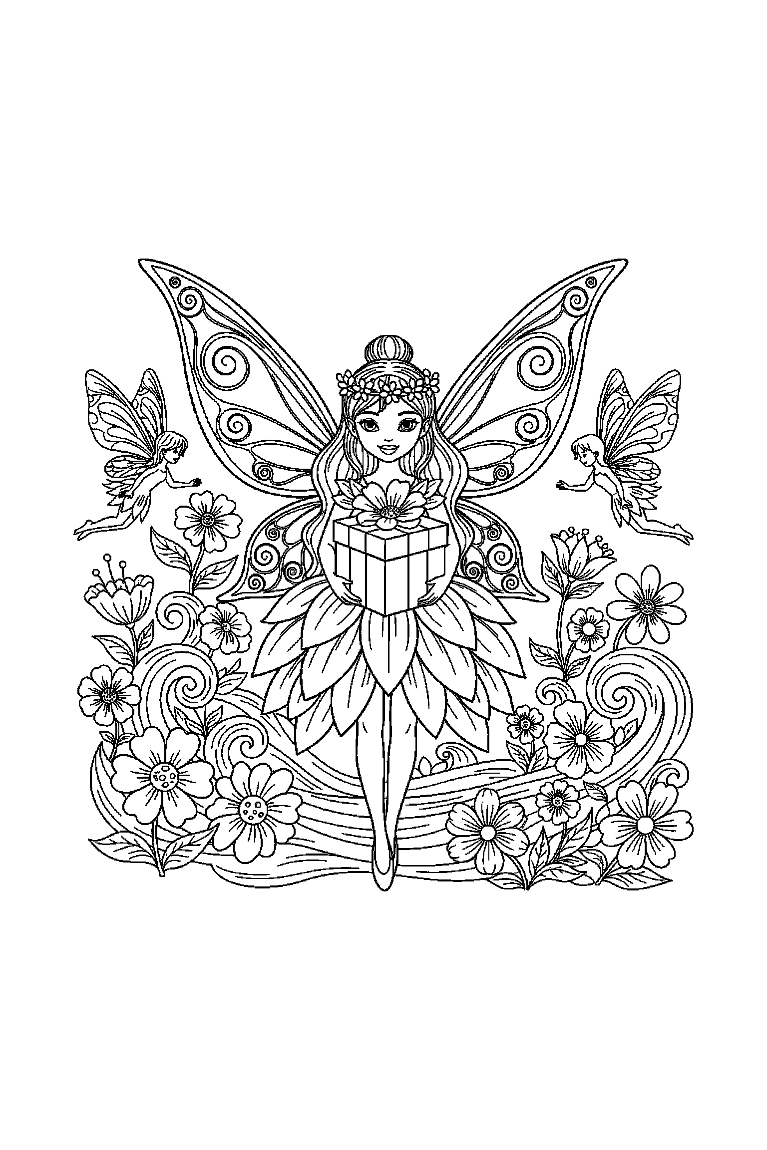 Coloriage Fée Clochette gratuit à imprimer : une fée des fleurs avec un cadeau fermé