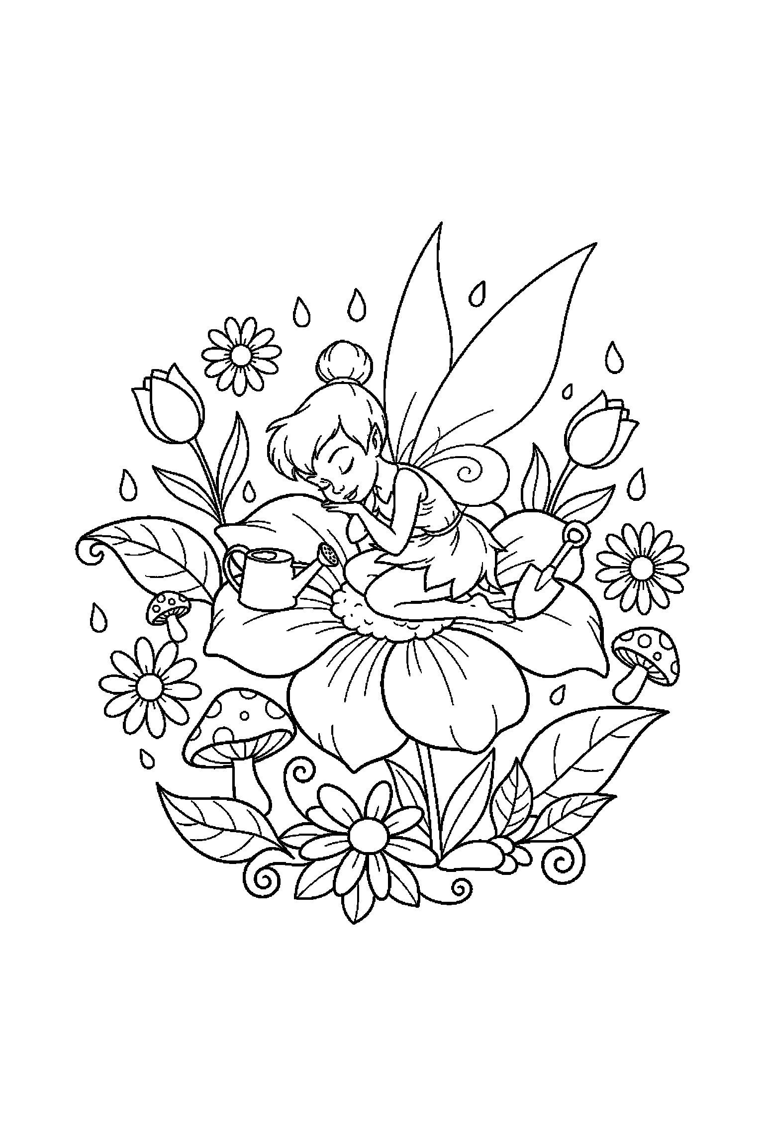 Coloriage Fée Clochette gratuit à imprimer : une fée jardinière qui dort paisiblement