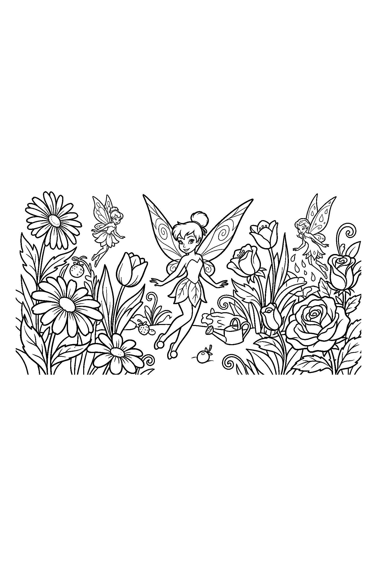 Coloriage Fée Clochette gratuit à imprimer : Clochette dans un jardin fleuri