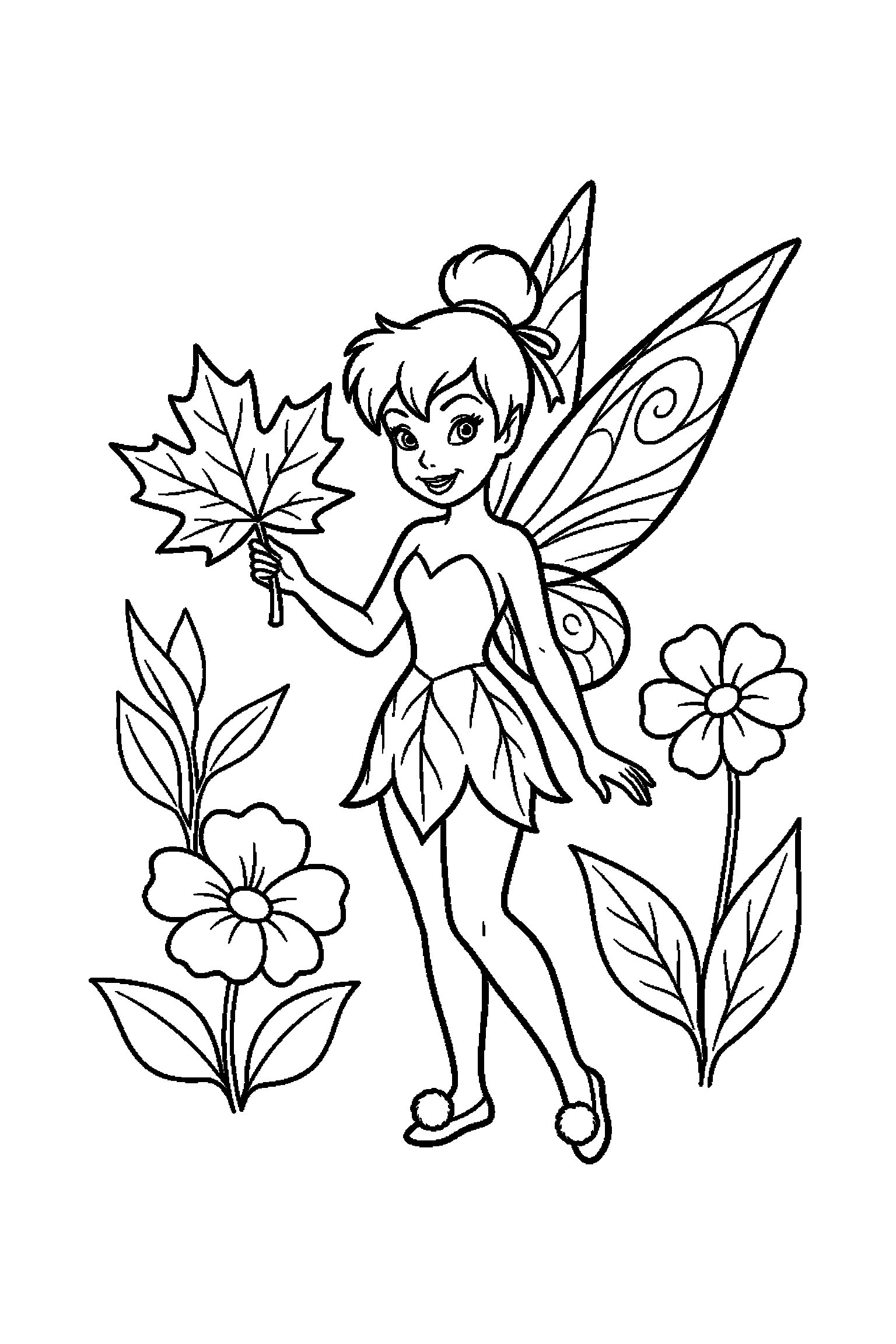 Coloriage Fée Clochette gratuit à imprimer - une petite fée qui montre une feuille avec un bras bien attaché au corps Coloriage Fée Clochette gratuit à imprimer : une petite fée qui montre une feuille avec un bras bien attaché au corps