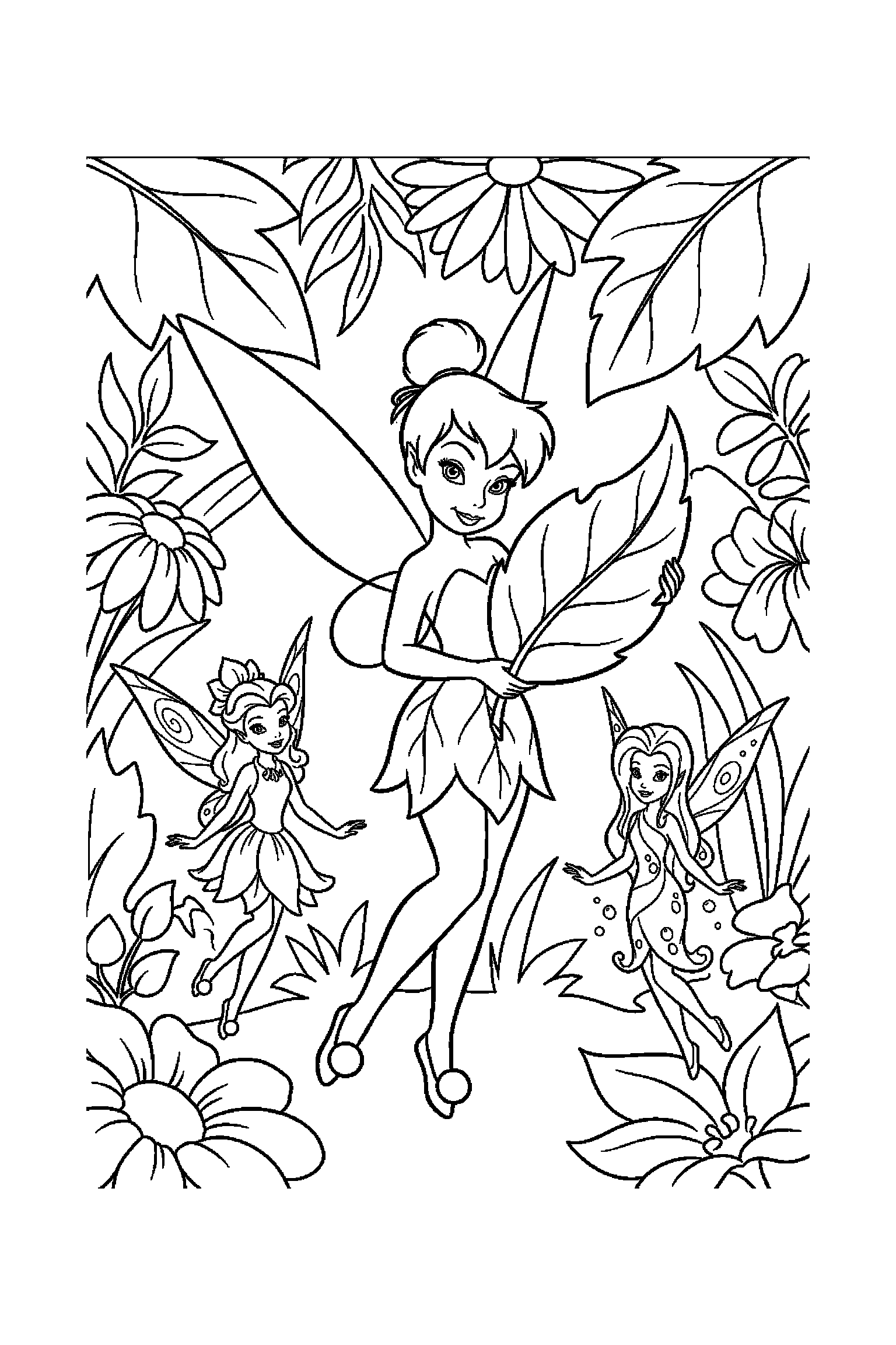 Coloriage Fée Clochette gratuit à imprimer : une petite fée avec une feuille et des motifs feuilles