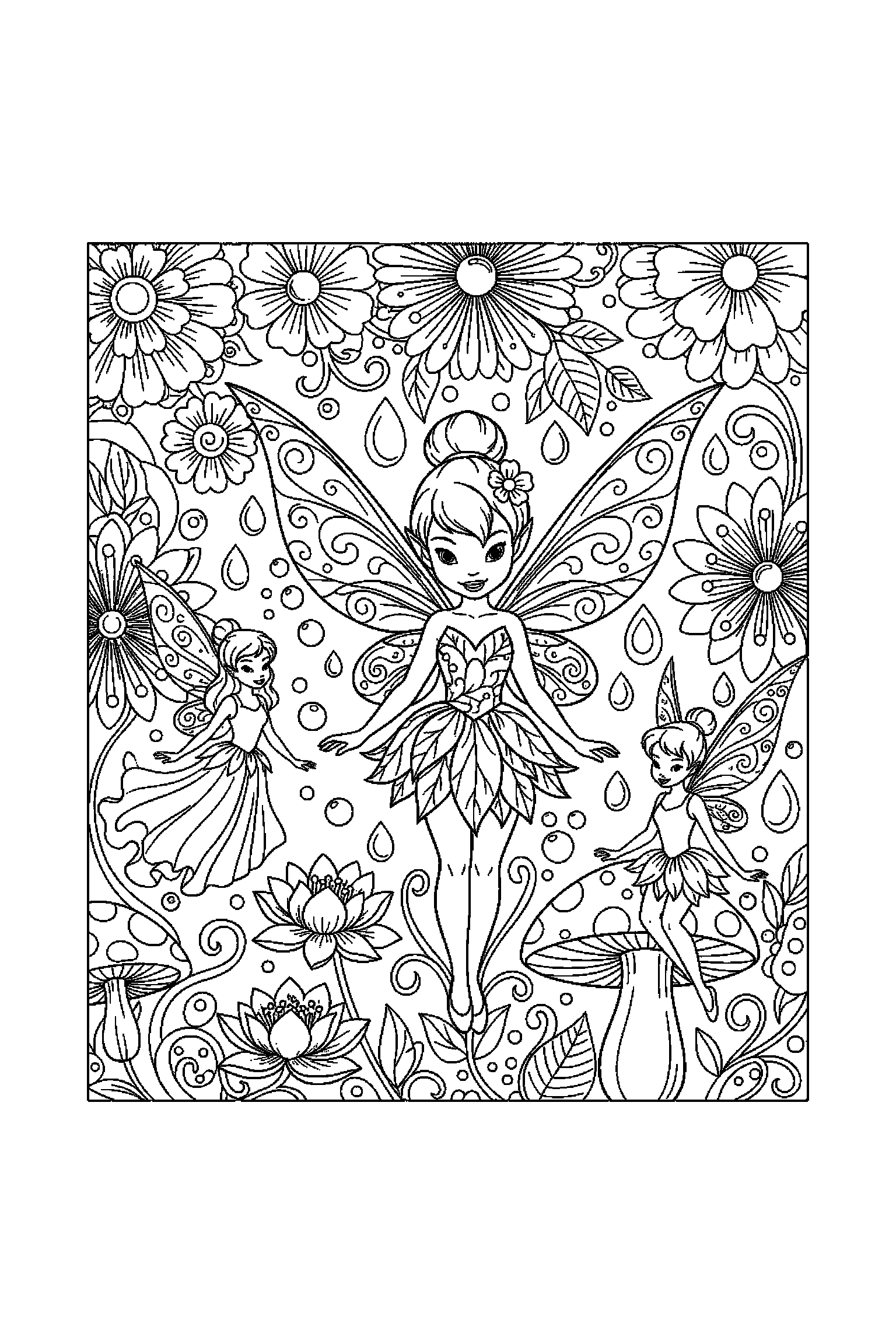Coloriage Fée Clochette gratuit à imprimer - une fée des fleurs souriant devant un grand motif fleurs Coloriage Fée Clochette gratuit à imprimer : une fée des fleurs souriant devant un grand motif fleurs