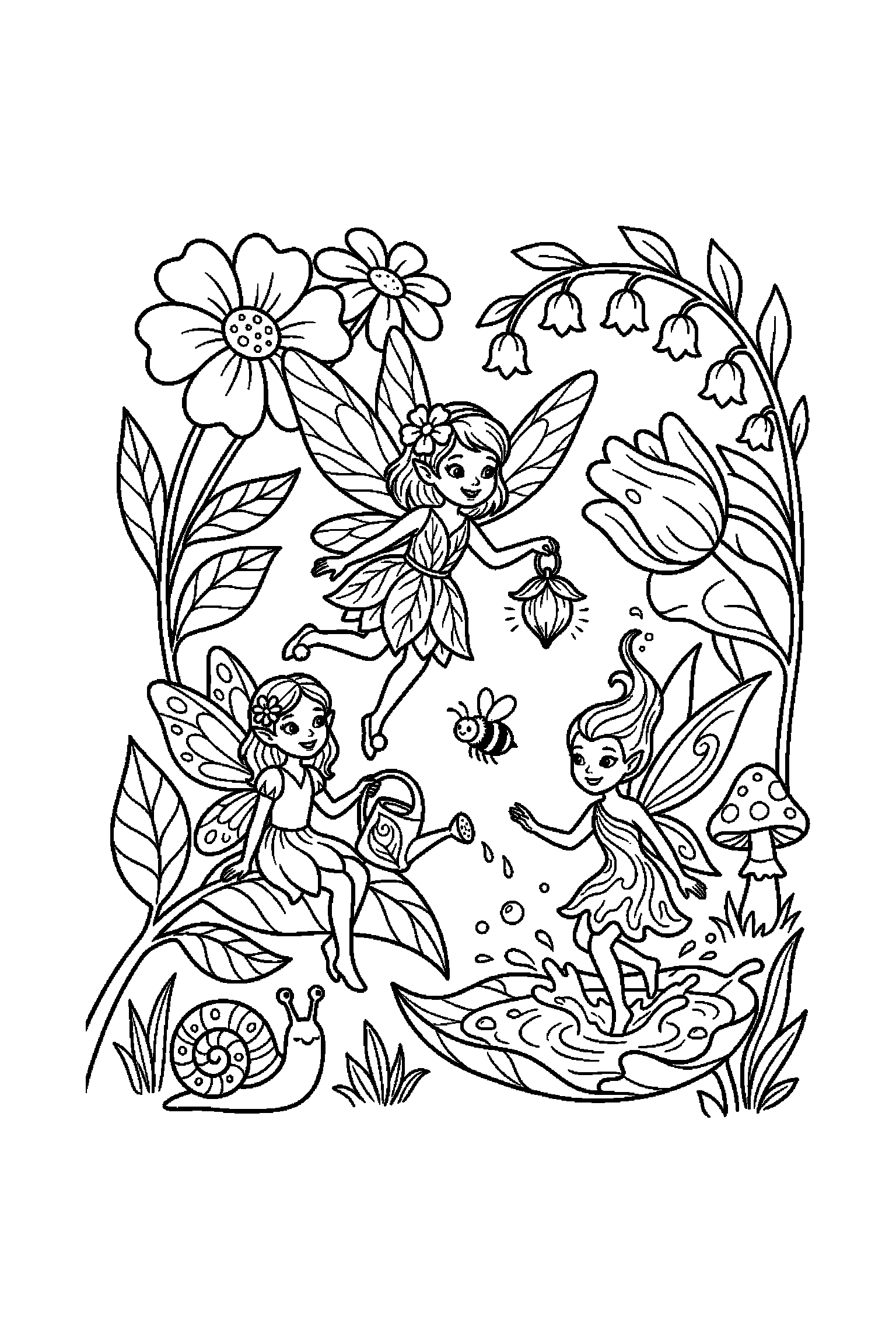 Coloriage Fée Clochette gratuit à imprimer : une fée des fleurs en petite scène d'aventure