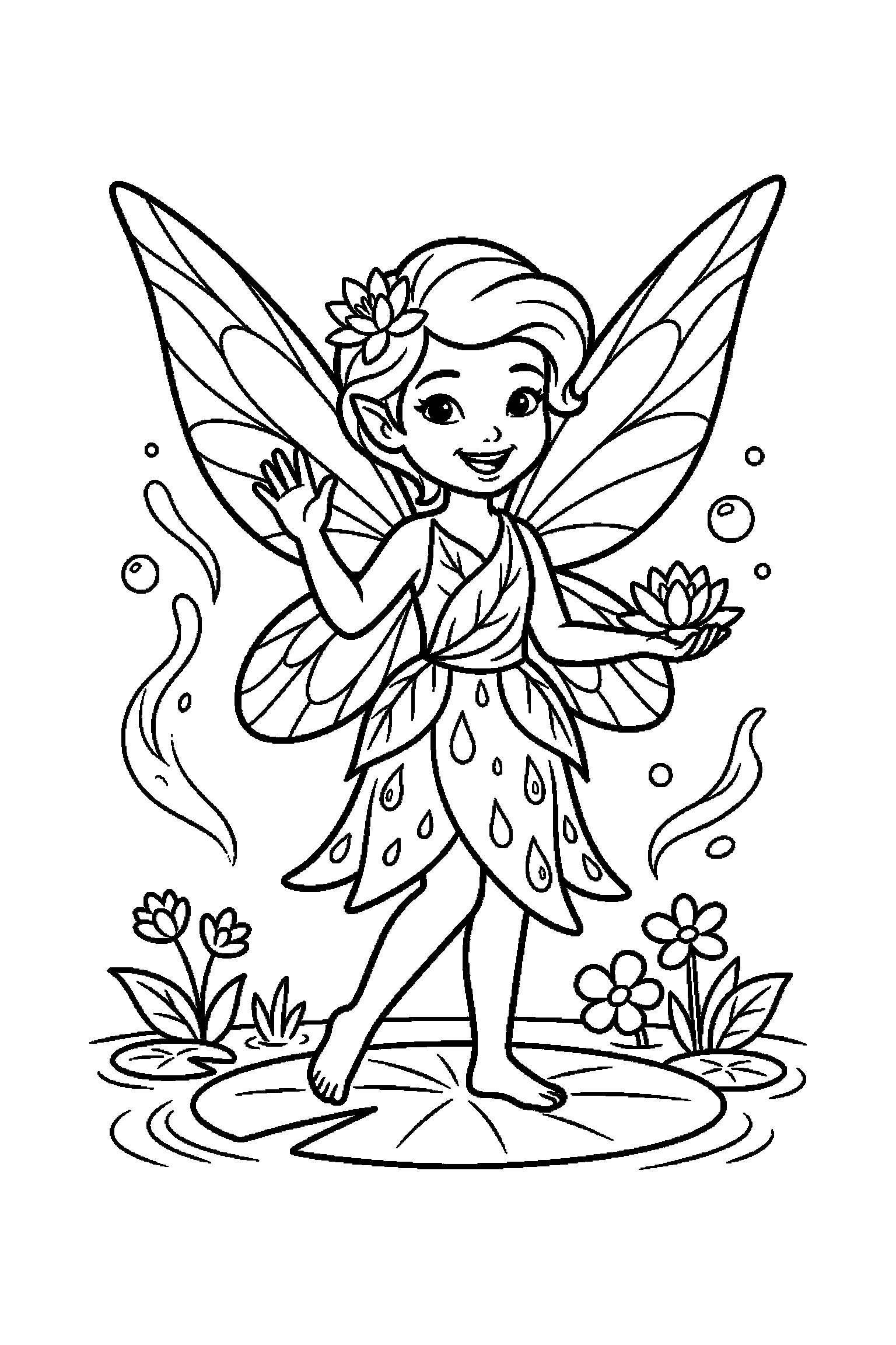 Coloriage Fée Clochette gratuit à imprimer - une fée des eaux avec deux mains visibles et simples Coloriage Fée Clochette gratuit à imprimer : une fée des eaux avec deux mains visibles et simples
