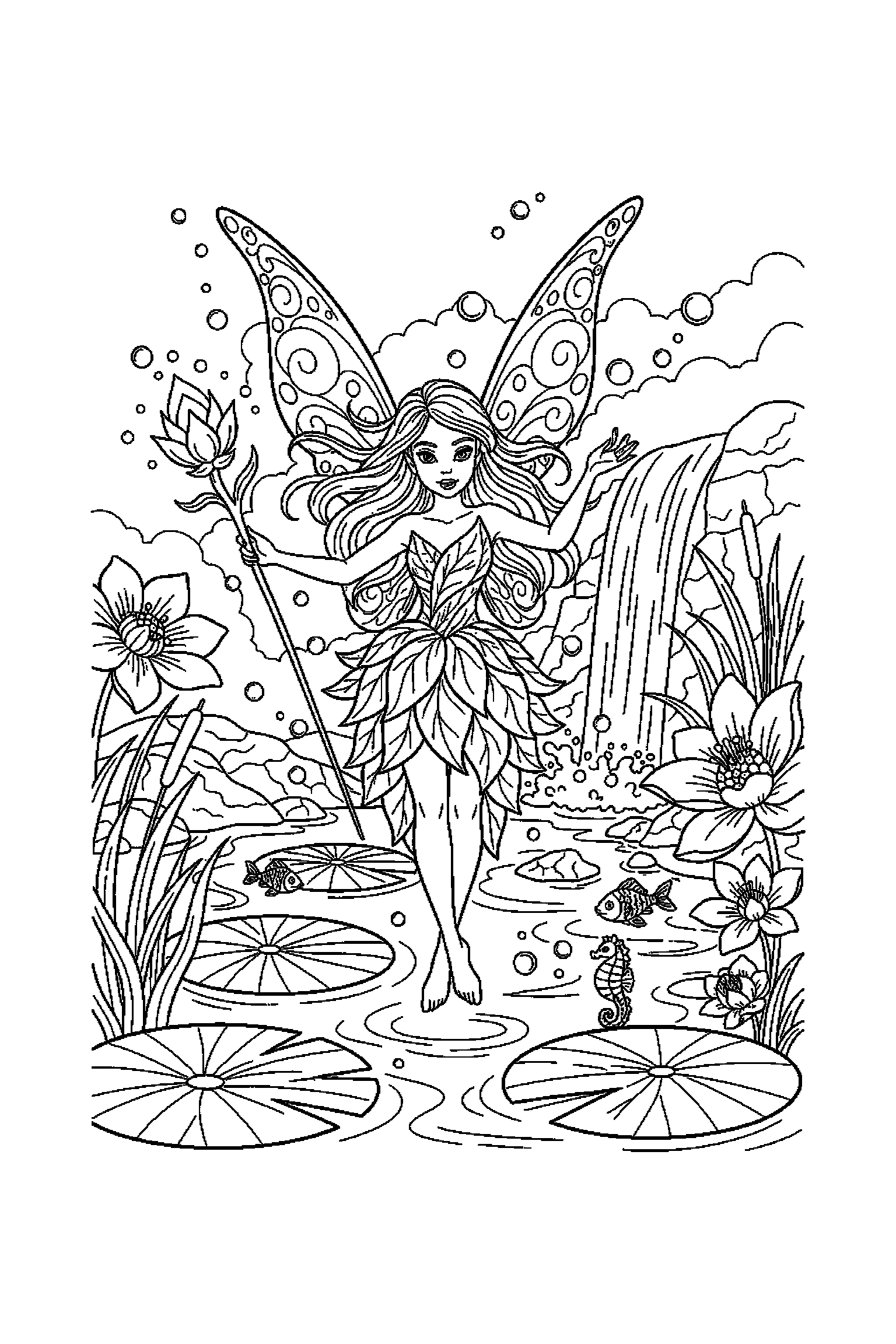 Coloriage Fée Clochette gratuit à imprimer : une fée des eaux avec un décor d'arrière-plan