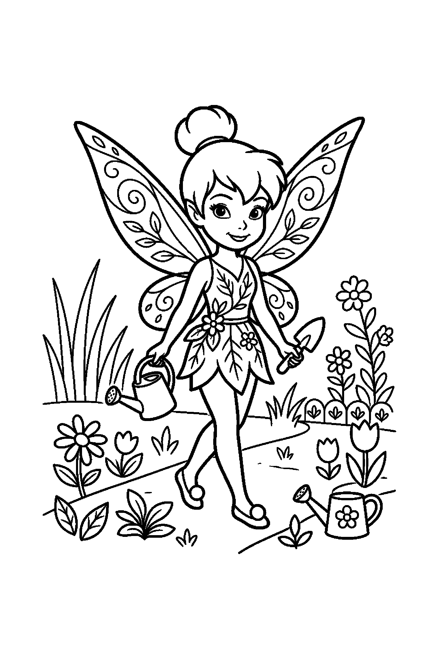 Coloriage Fée Clochette gratuit à imprimer - une fée jardinière qui marche calmement Coloriage Fée Clochette gratuit à imprimer : une fée jardinière qui marche calmement
