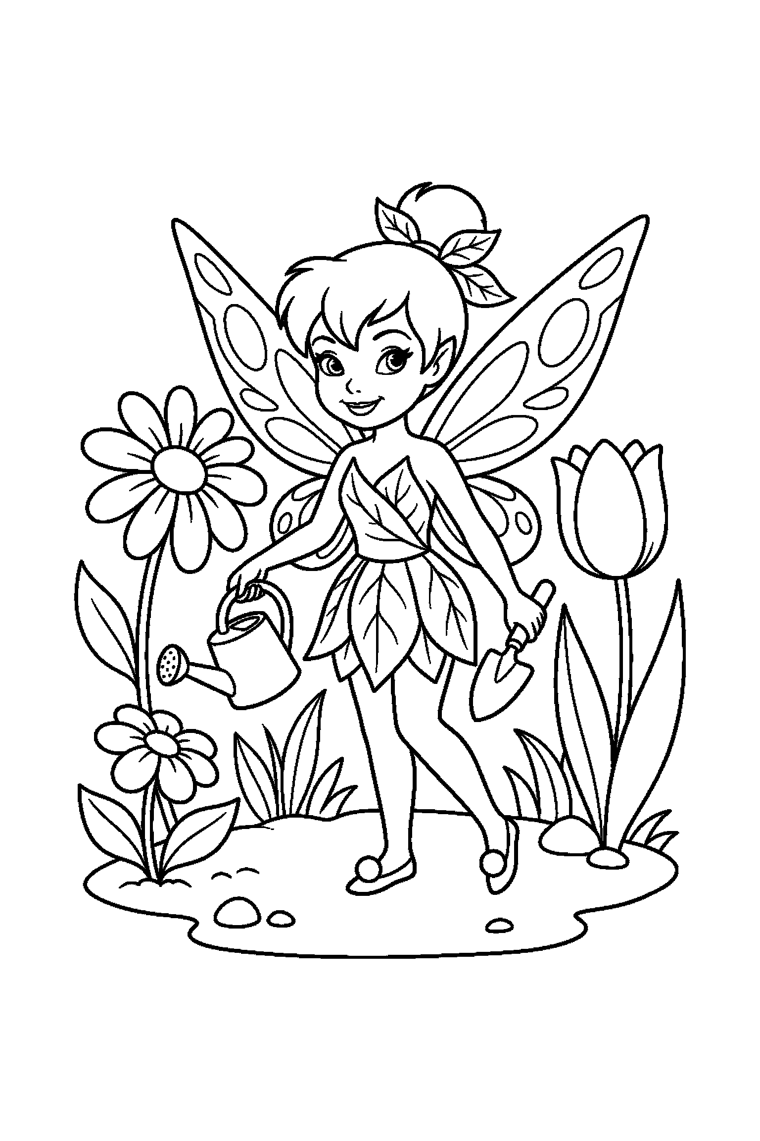 Coloriage Fée Clochette gratuit à imprimer : une fée jardinière avec deux accessoires à colorier
