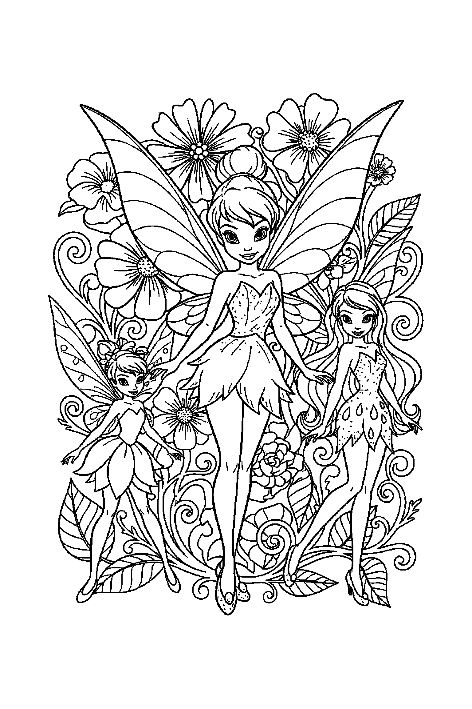Coloriage Fée Clochette gratuit à imprimer : Clochette devant un fond décoré avec ailes