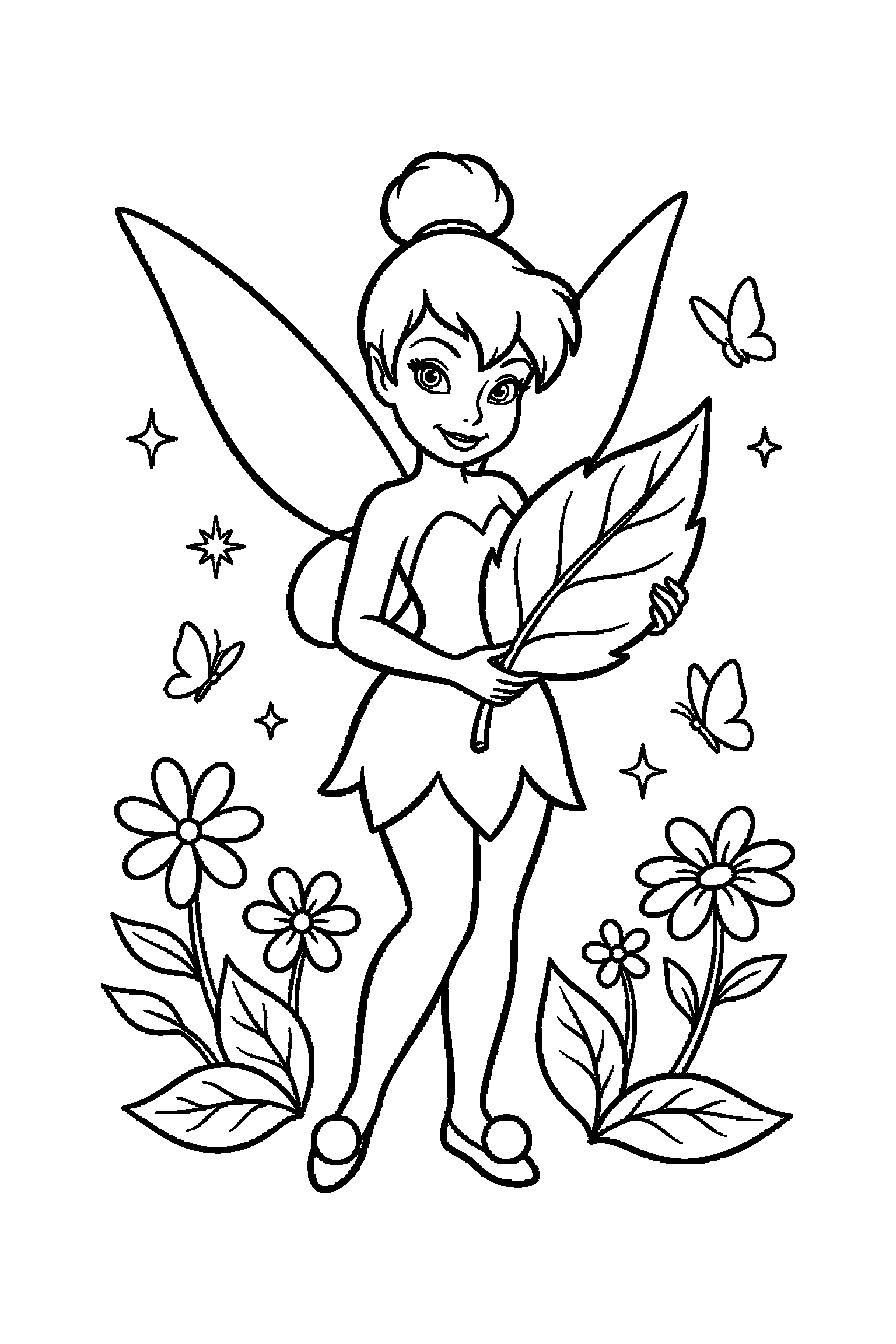 Coloriage Fée Clochette gratuit à imprimer - une petite fée tenant une feuille devant lui Coloriage Fée Clochette gratuit à imprimer : une petite fée tenant une feuille devant lui