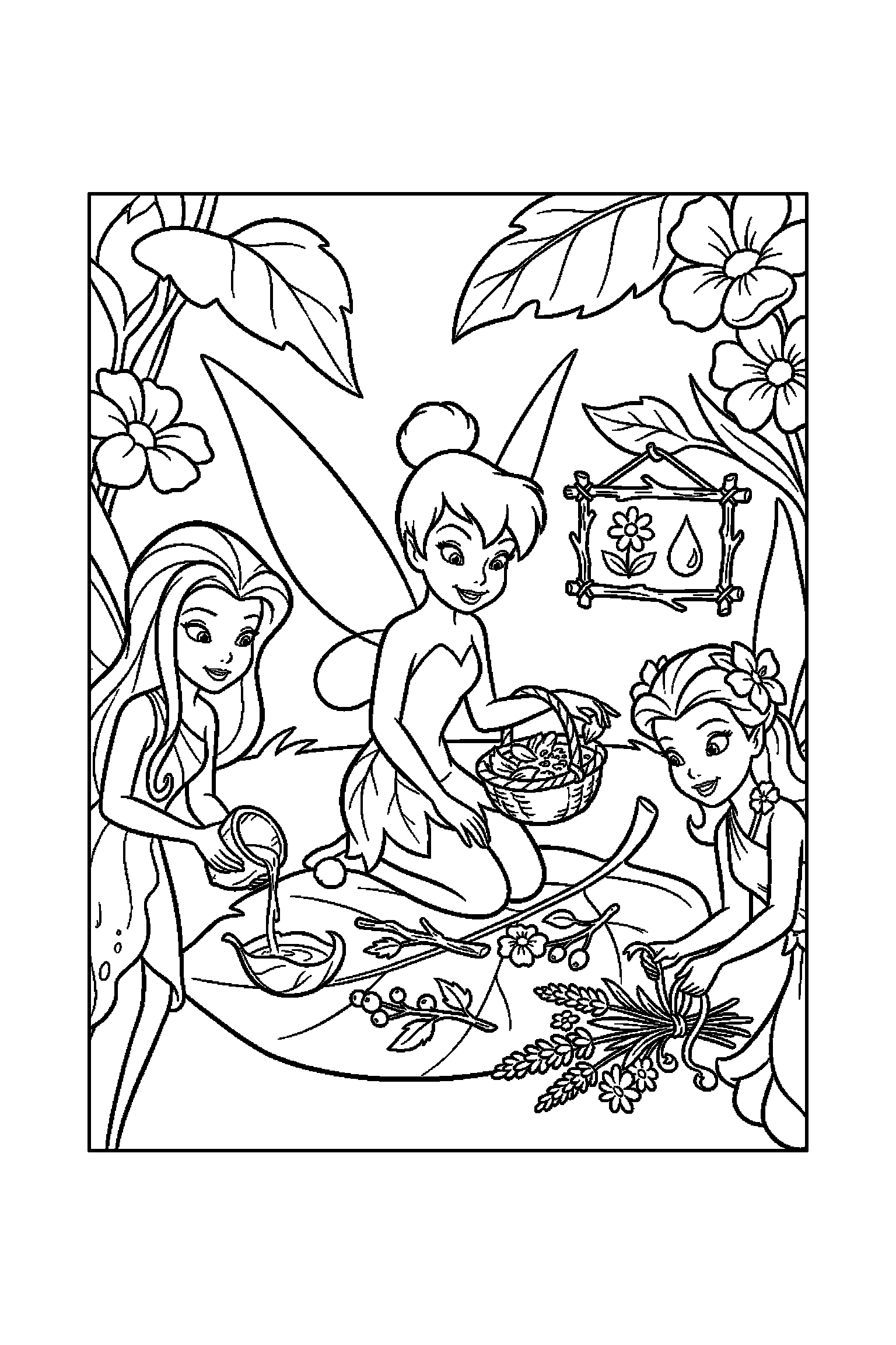 Coloriage Fée Clochette gratuit à imprimer : une petite fée qui prépare une activité