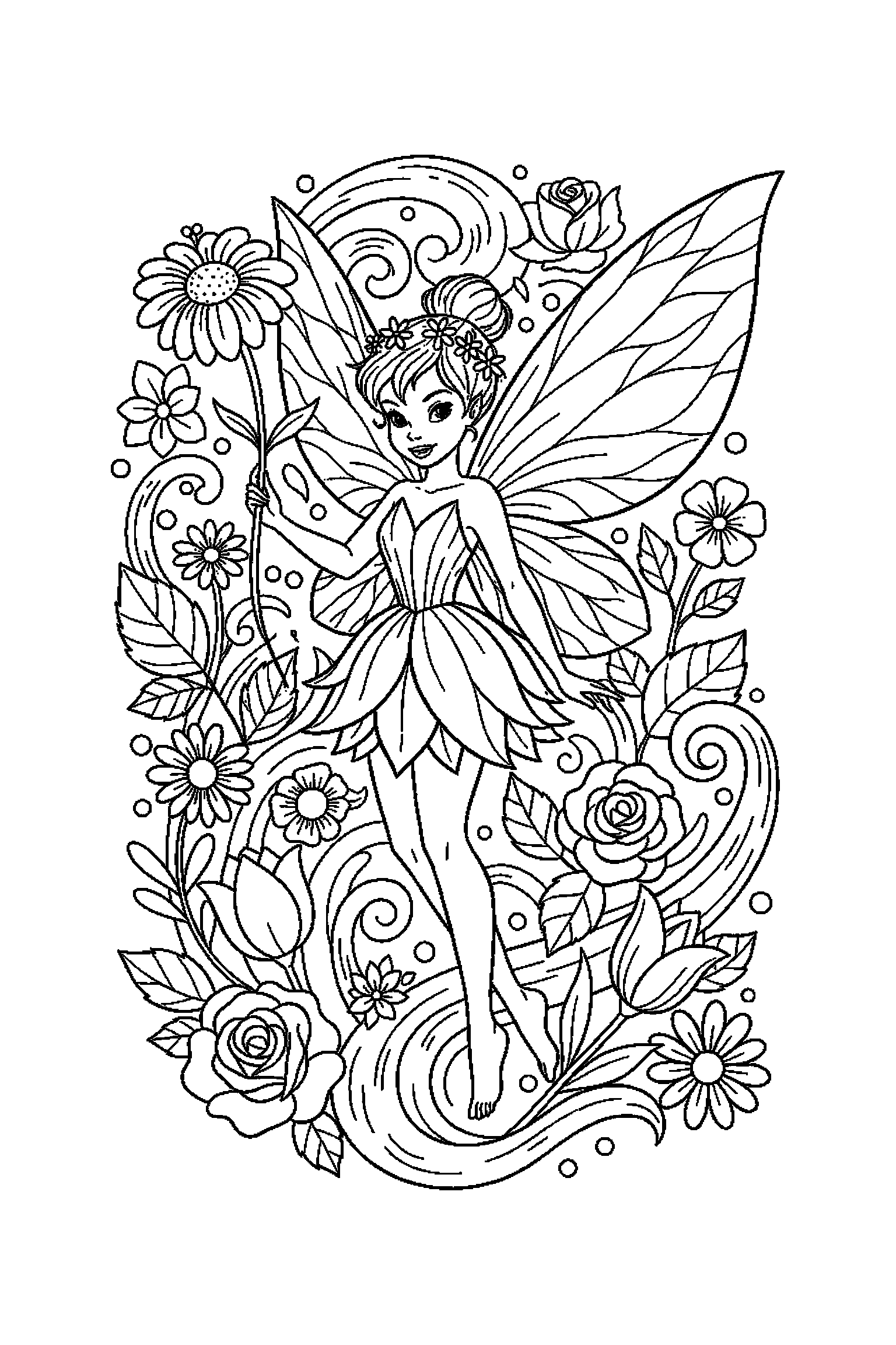 Coloriage Fée Clochette gratuit à imprimer - une fée des fleurs entouré de grands contours arrondis Coloriage Fée Clochette gratuit à imprimer : une fée des fleurs entouré de grands contours arrondis