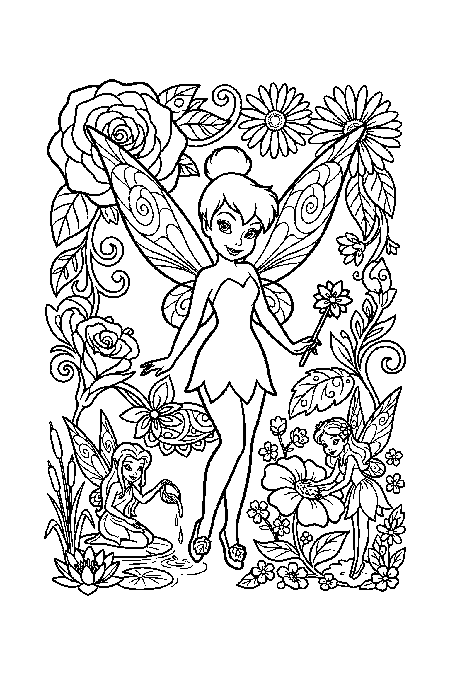 Coloriage Fée Clochette gratuit à imprimer : une fée des fleurs entouré par des motifs fleurs