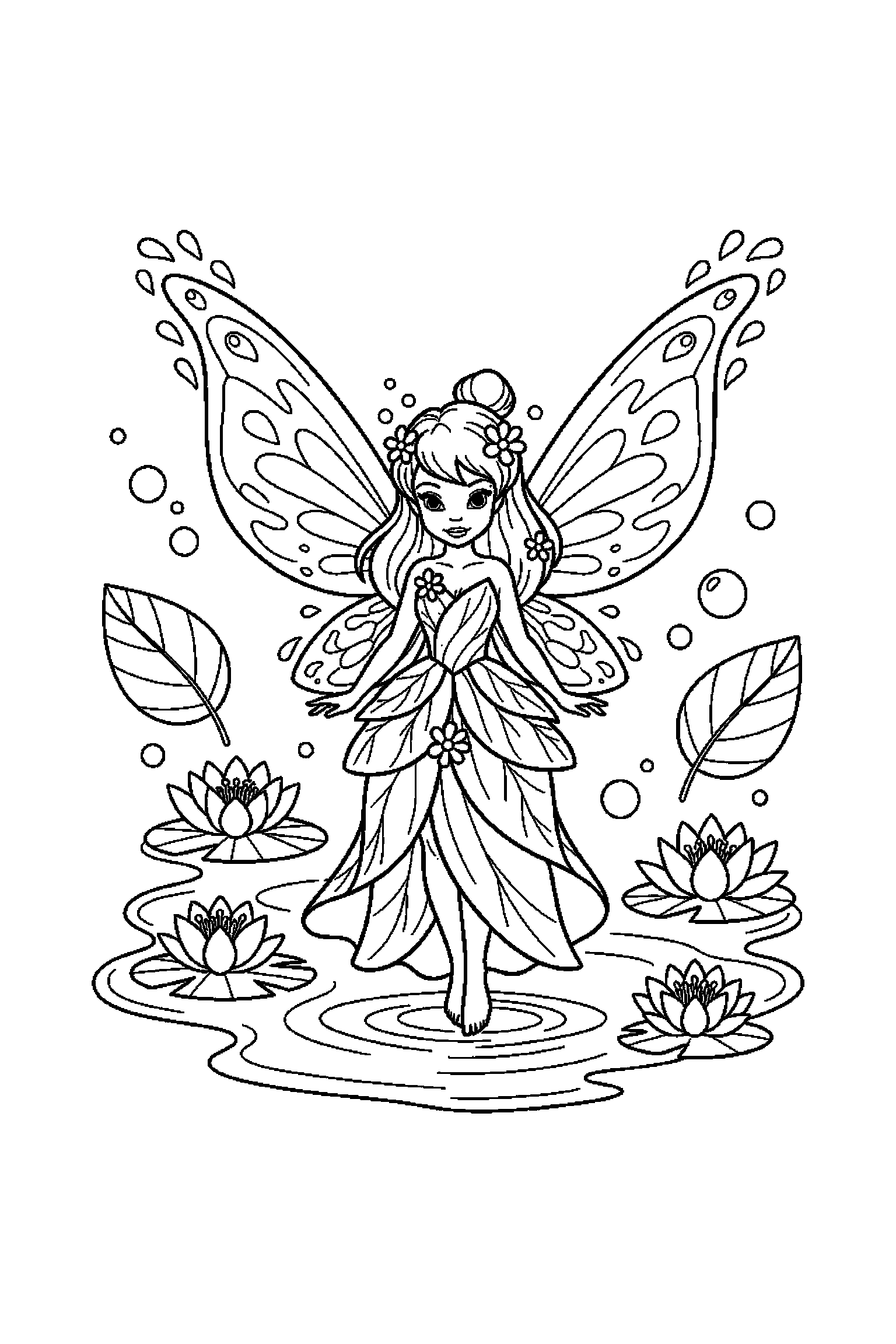 Coloriage Fée Clochette gratuit à imprimer - une fée des eaux avec un décor très simple Coloriage Fée Clochette gratuit à imprimer : une fée des eaux avec un décor très simple