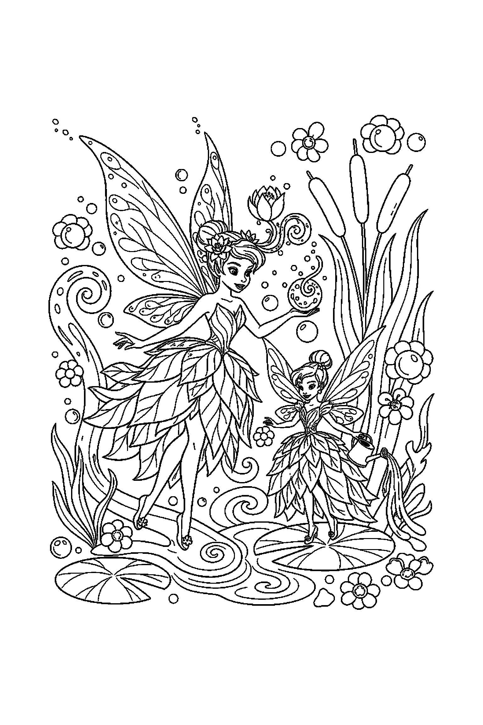 Coloriage Fée Clochette gratuit à imprimer : une fée des eaux avec un autre personnage de son univers