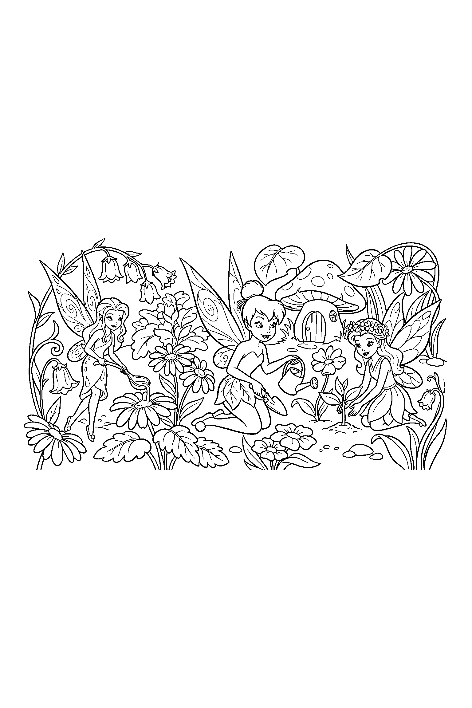 Coloriage Fée Clochette gratuit à imprimer : une fée jardinière dans une scène joyeuse