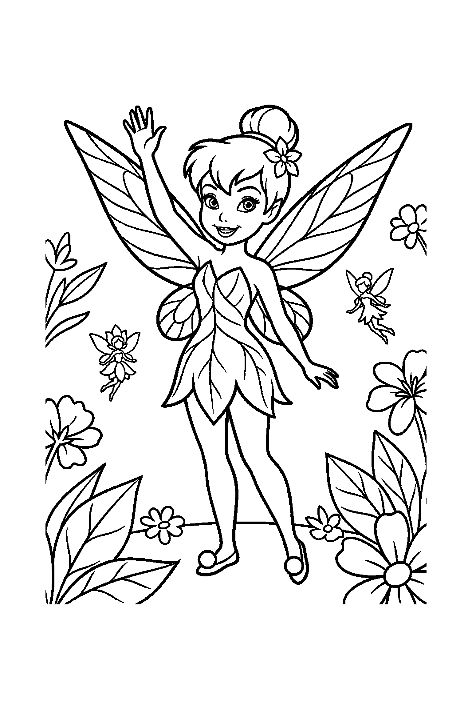 Coloriage Fée Clochette gratuit à imprimer - Clochette qui lève le bras dans une pose anatomique claire Coloriage Fée Clochette gratuit à imprimer : Clochette qui lève le bras dans une pose anatomique claire