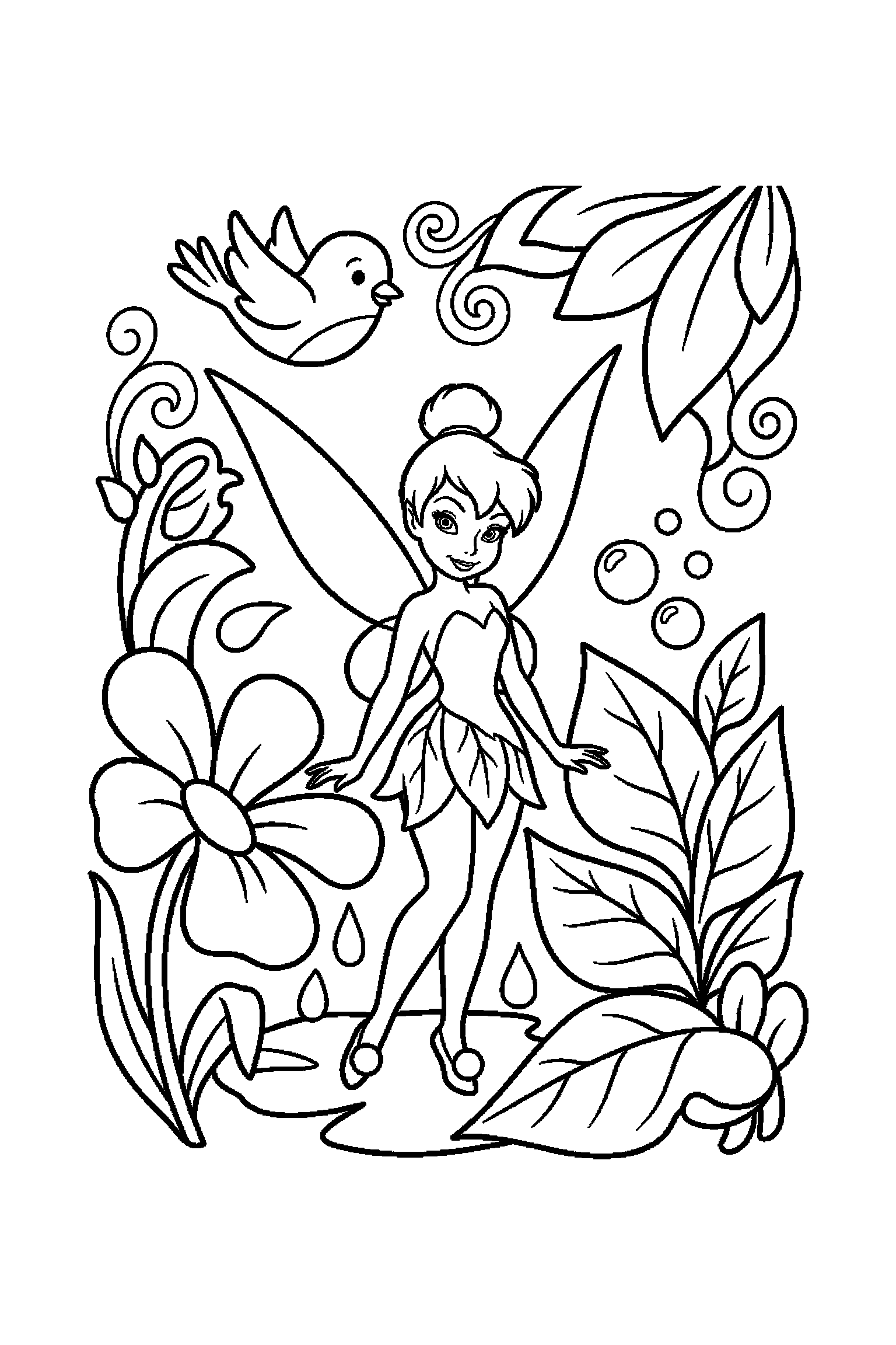 Coloriage Fée Clochette gratuit à imprimer : Clochette au milieu de grands éléments faciles