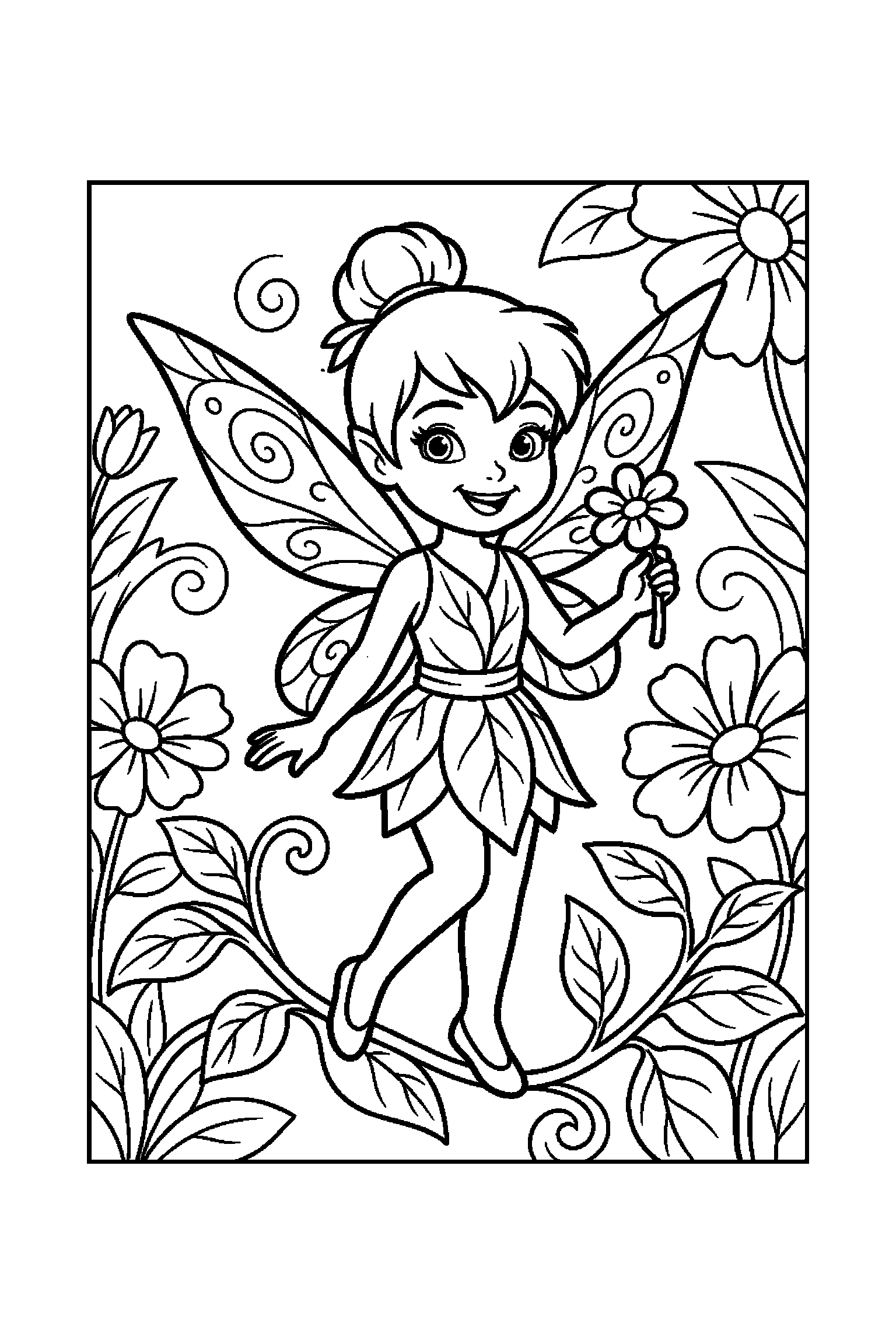 Coloriage Fée Clochette gratuit à imprimer - une petite fée avec une expression joyeuse Coloriage Fée Clochette gratuit à imprimer : une petite fée avec une expression joyeuse