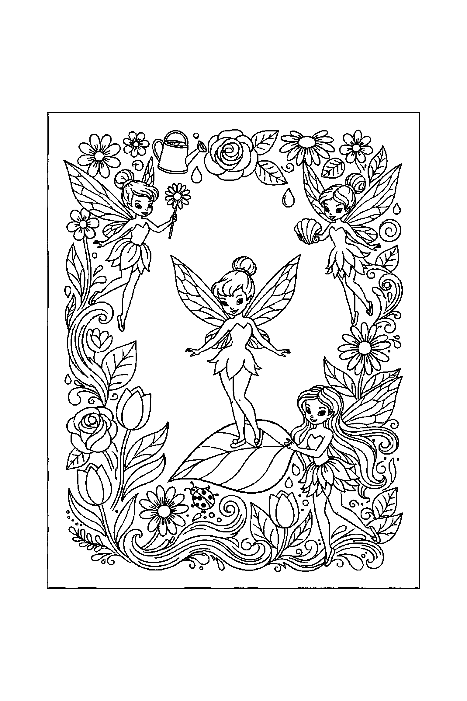 Coloriage Fée Clochette gratuit à imprimer : une petite fée avec une feuille sur un fond clair