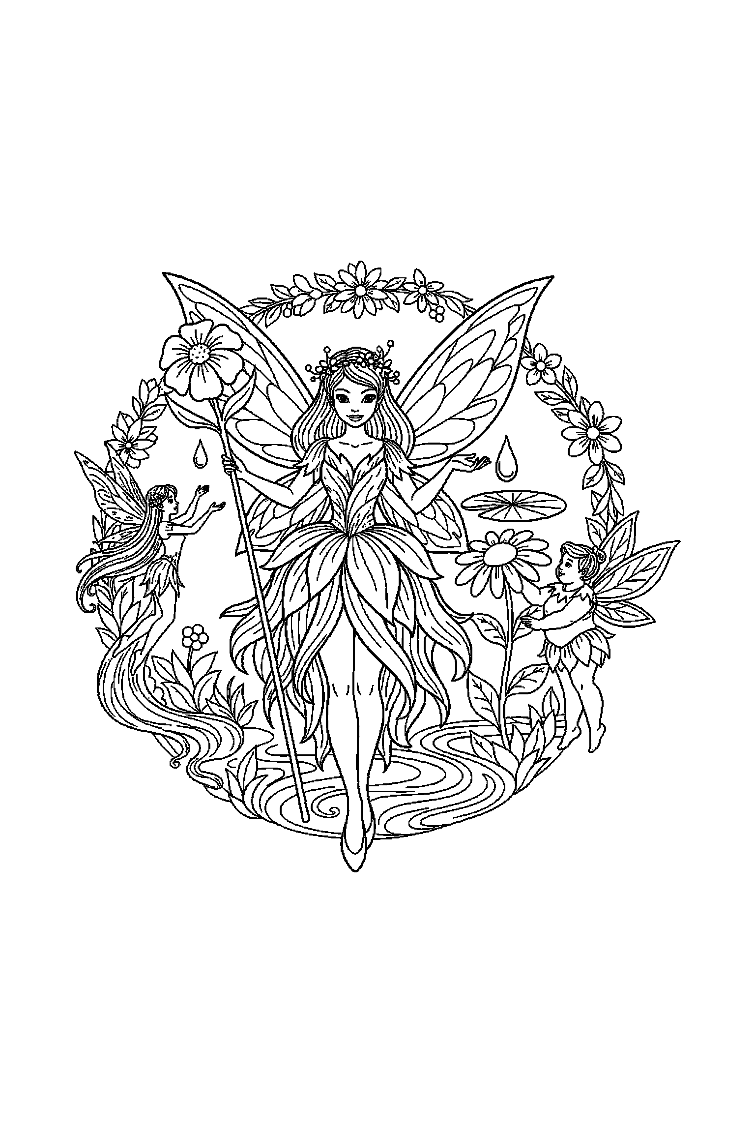 Coloriage Fée Clochette gratuit à imprimer - une fée des fleurs au centre avec fleurs en arrière-plan Coloriage Fée Clochette gratuit à imprimer : une fée des fleurs au centre avec fleurs en arrière-plan