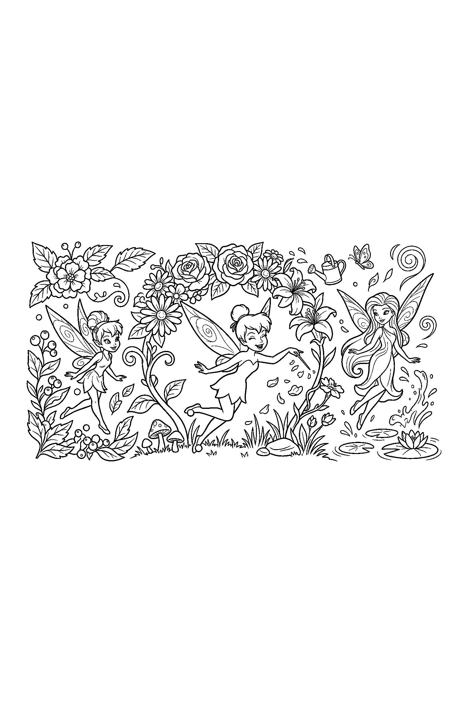 Coloriage Fée Clochette gratuit à imprimer : une fée des fleurs en mouvement avec des lignes simples