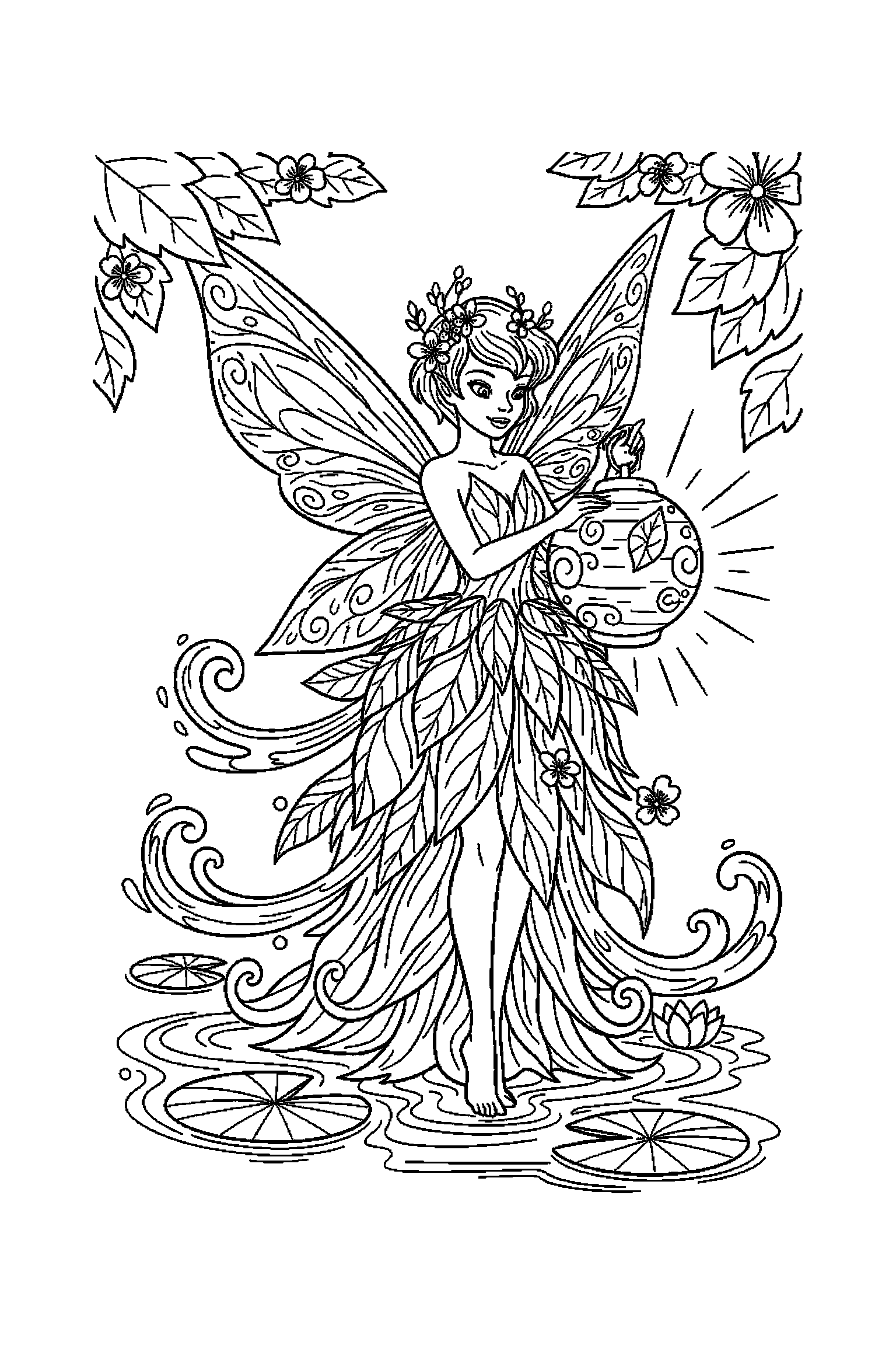 Coloriage Fée Clochette gratuit à imprimer - une fée des eaux qui regarde une lanterne Coloriage Fée Clochette gratuit à imprimer : une fée des eaux qui regarde une lanterne