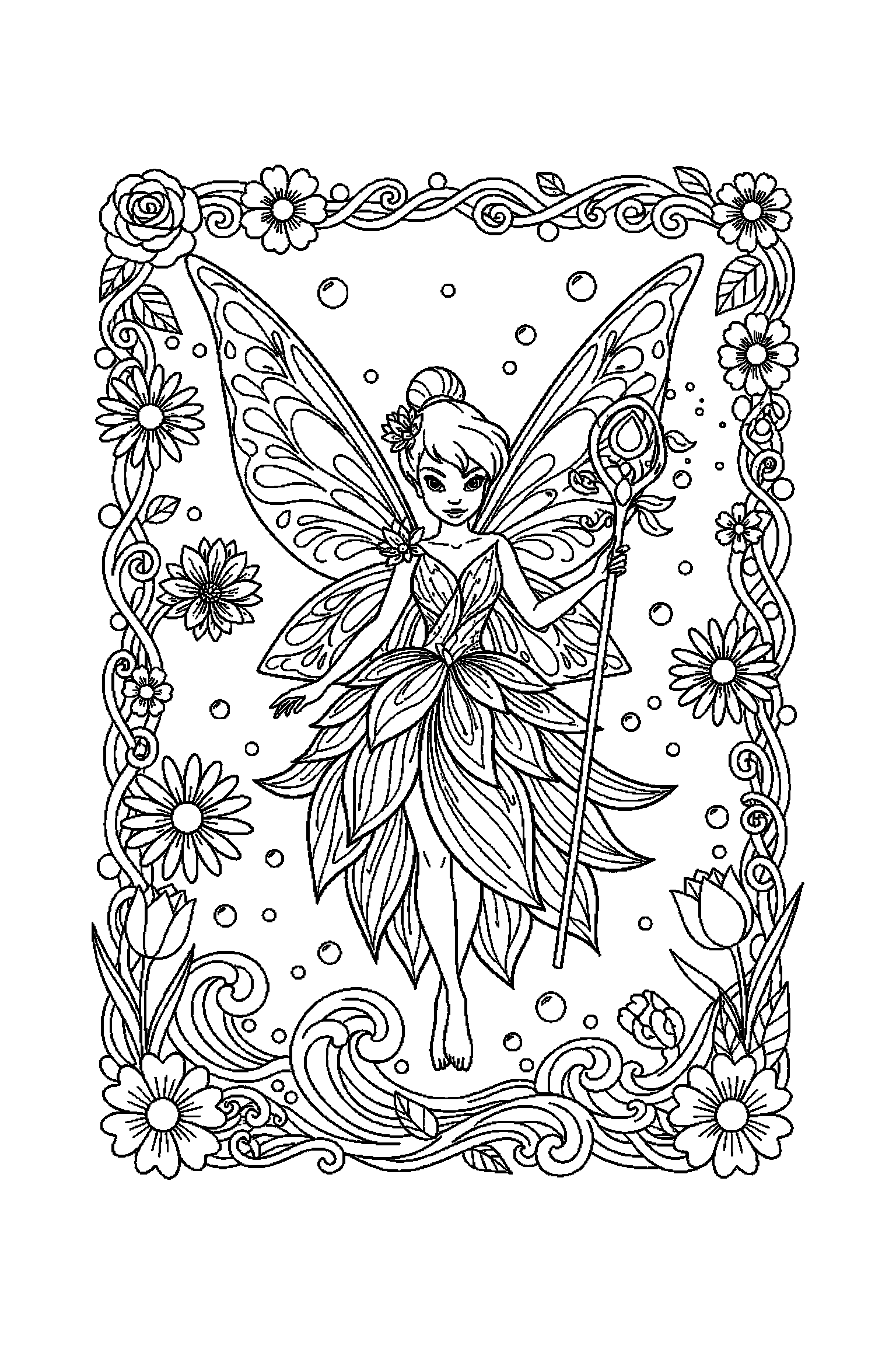 Coloriage Fée Clochette gratuit à imprimer : une fée des eaux dans un cadre décoratif léger