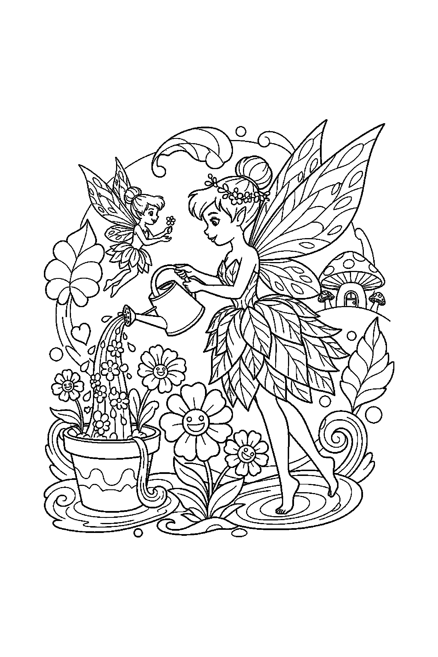 Coloriage Fée Clochette gratuit à imprimer - une fée jardinière dans une pose de profil simple Coloriage Fée Clochette gratuit à imprimer : une fée jardinière dans une pose de profil simple