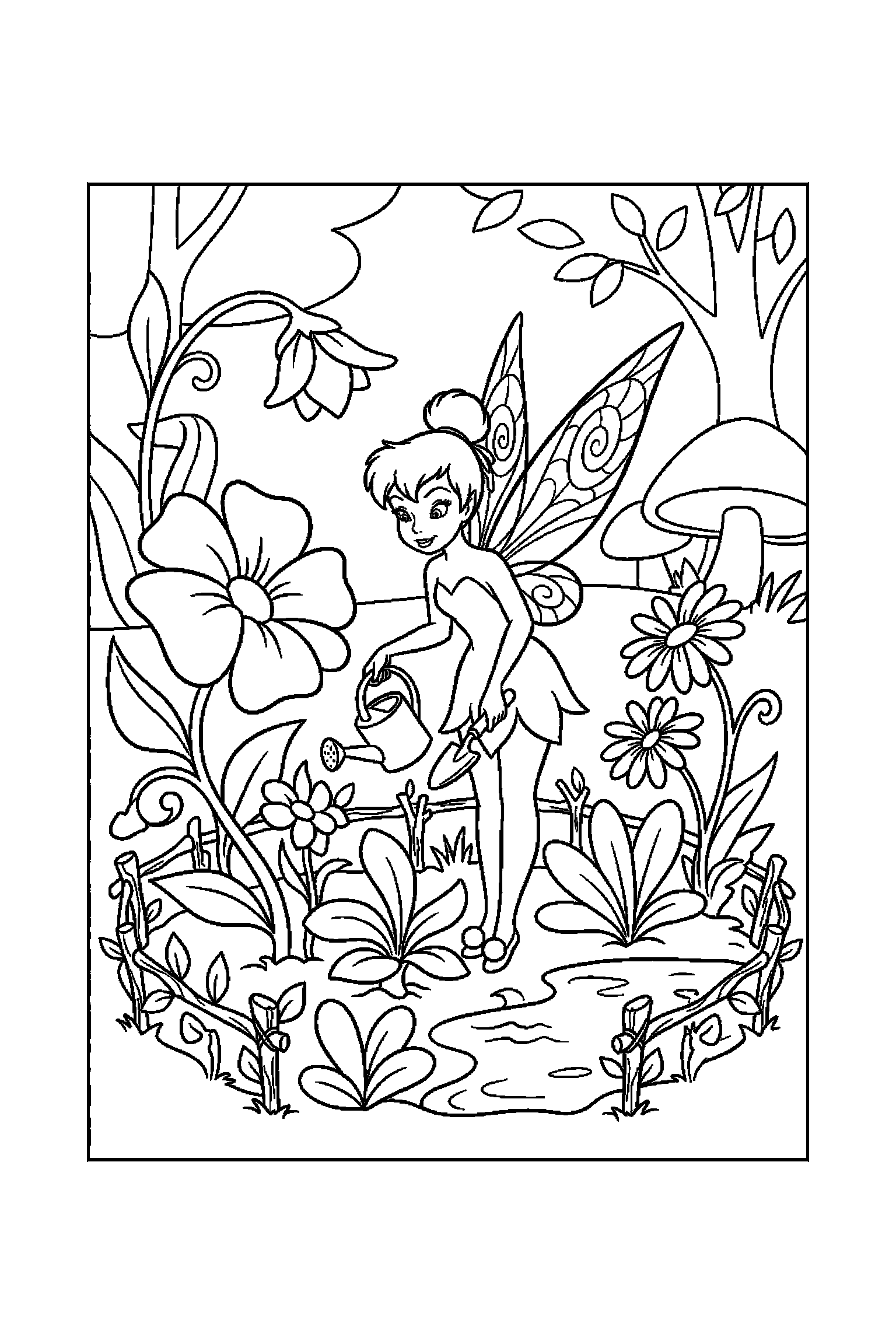 Coloriage Fée Clochette gratuit à imprimer : une fée jardinière avec une grande forme à remplir