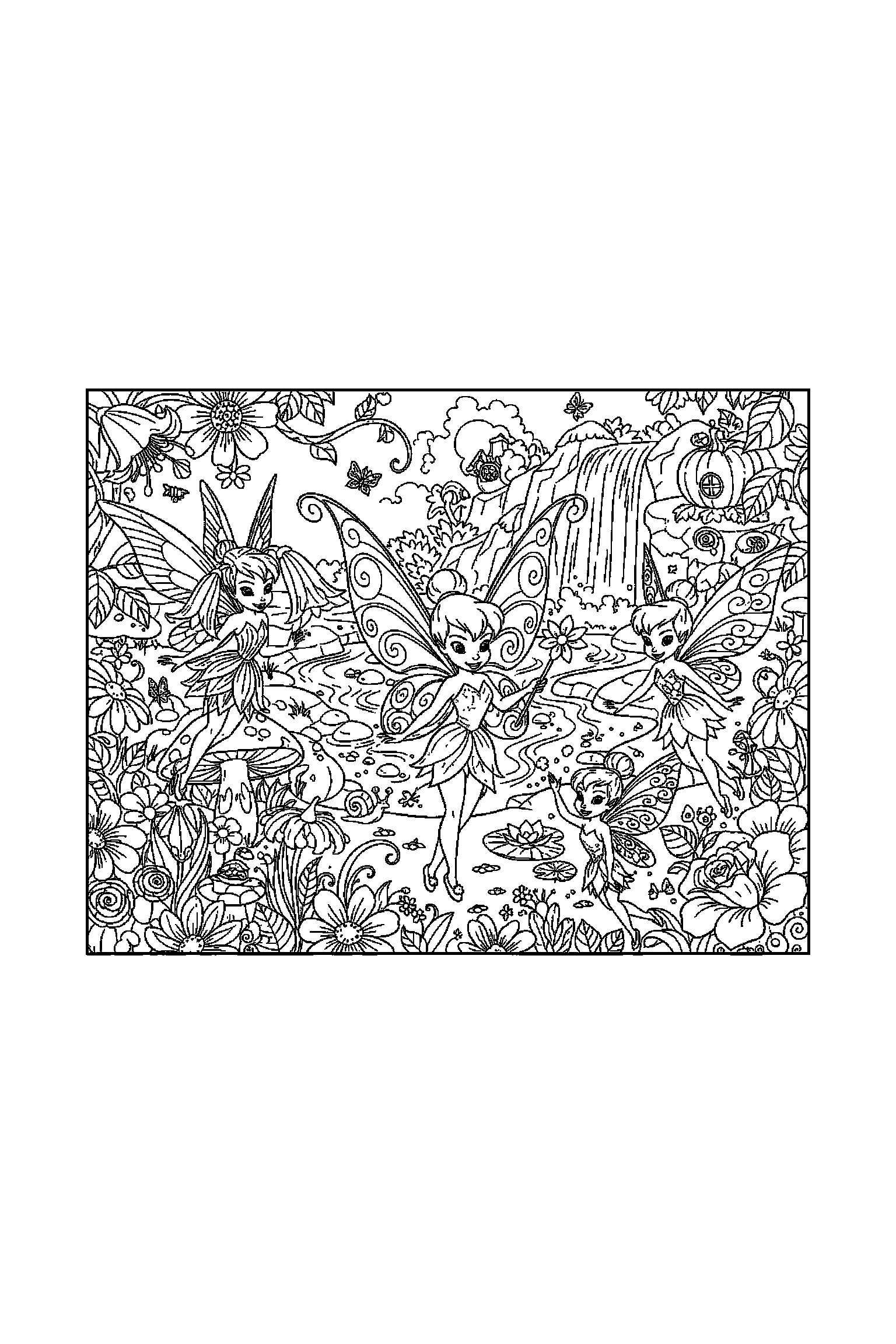 Coloriage Fée Clochette gratuit à imprimer : Clochette dans un jardin fleuri avec plusieurs détails