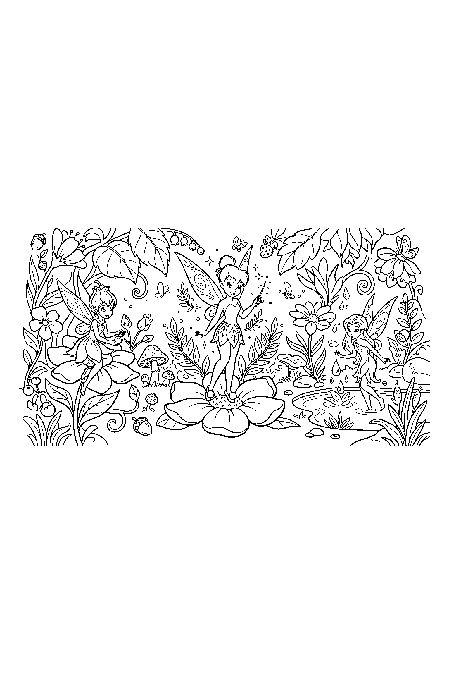 Coloriage Fée Clochette gratuit à imprimer : une petite fée entouré par des motifs feuilles et de petits objets