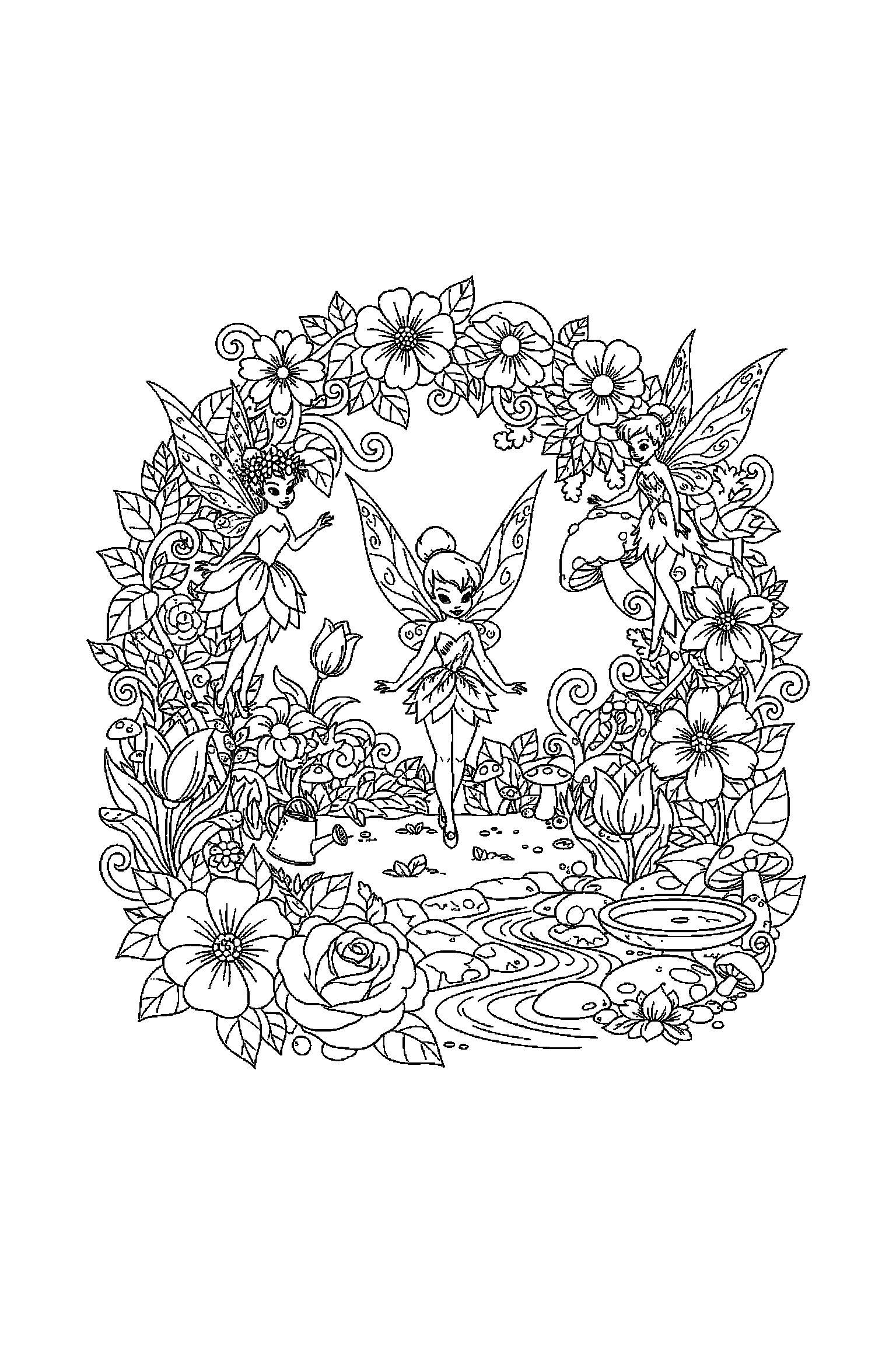 Coloriage Fée Clochette gratuit à imprimer - Clochette dans un jardin fleuri Coloriage Fée Clochette gratuit à imprimer : Clochette dans un jardin fleuri