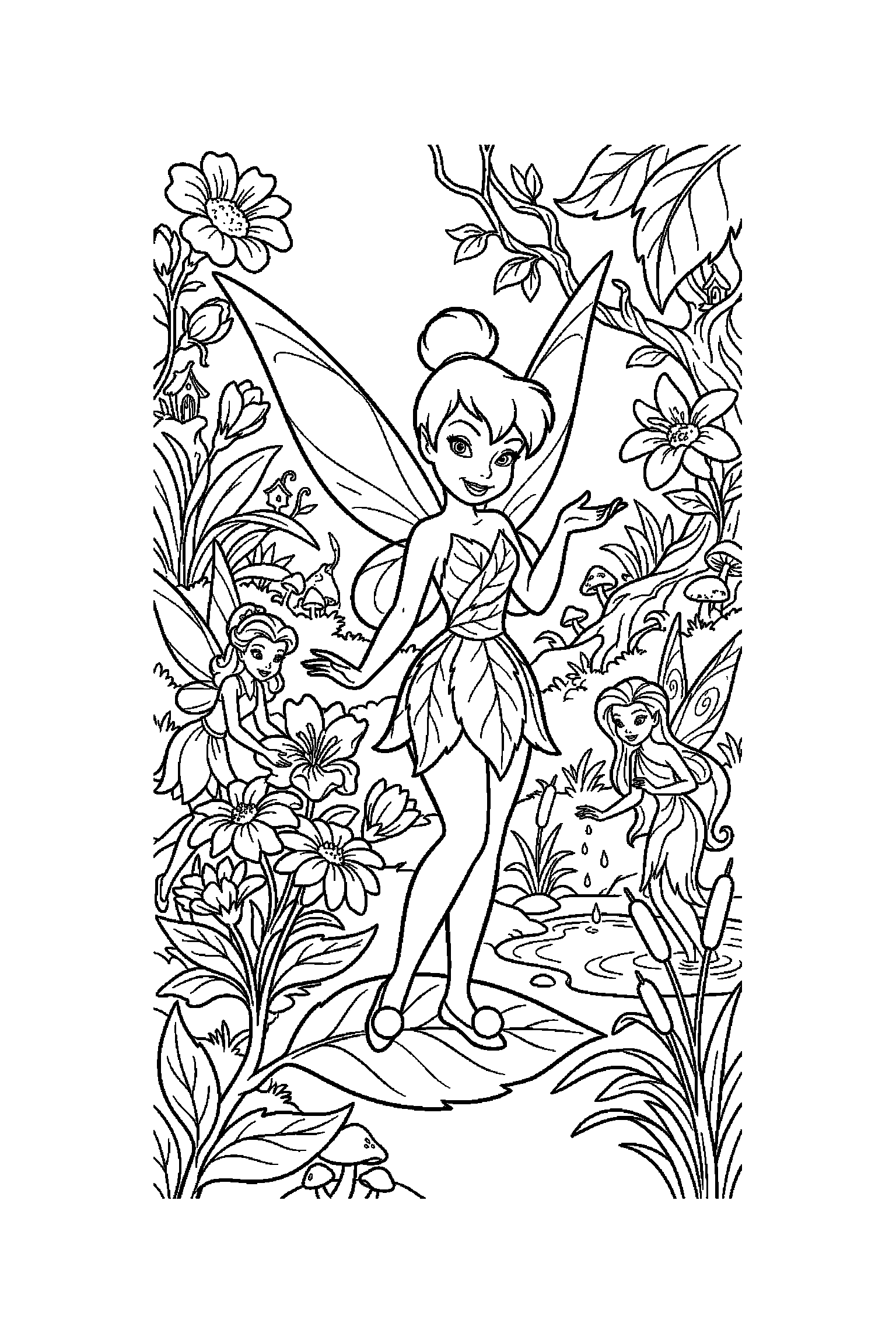 Coloriage Fée Clochette gratuit à imprimer : scène verticale avec une fée des fleurs et les fées de la vallée