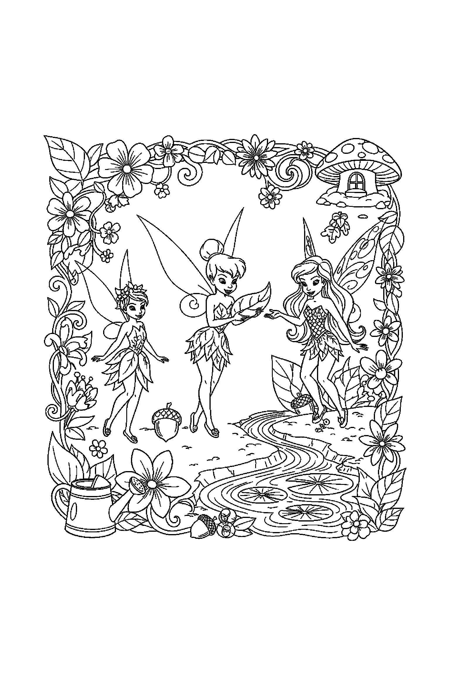 Coloriage Fée Clochette gratuit à imprimer - une petite fée avec une feuille et des motifs feuilles Coloriage Fée Clochette gratuit à imprimer : une petite fée avec une feuille et des motifs feuilles