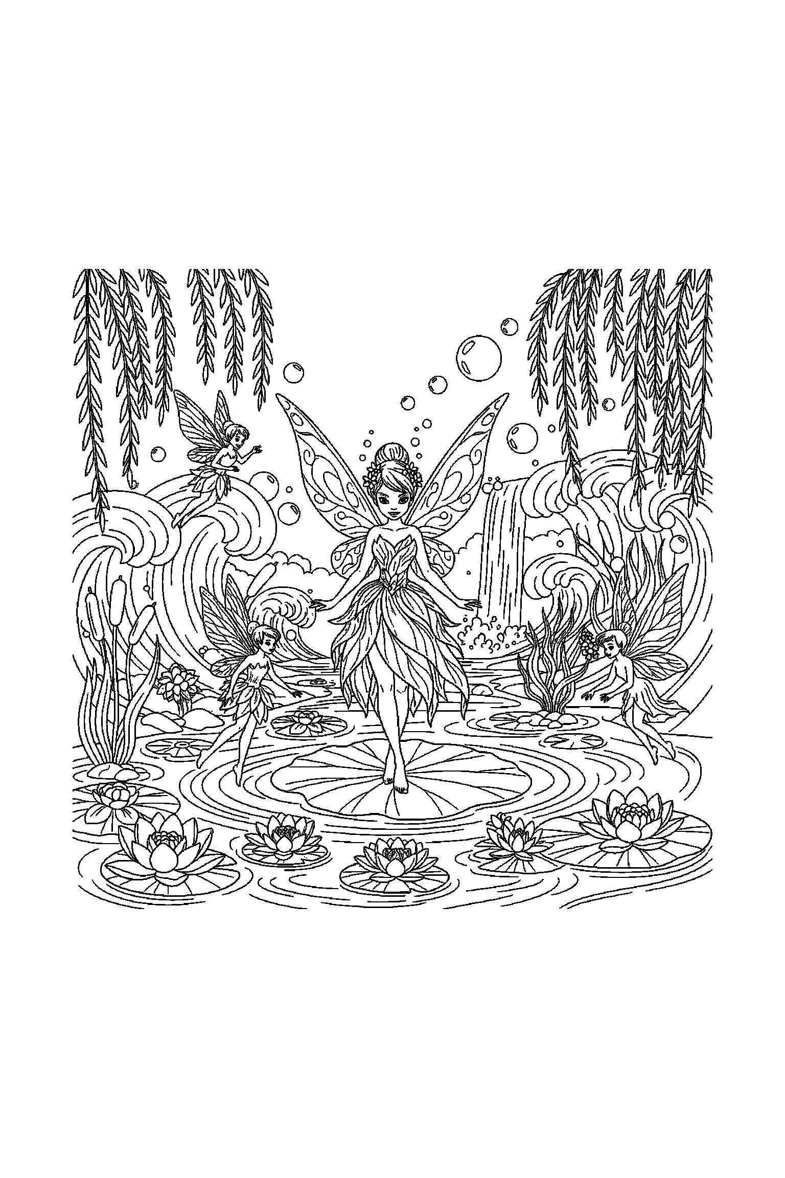 Coloriage Fée Clochette gratuit à imprimer : une fée des eaux au centre d'un décor riche mais lisible