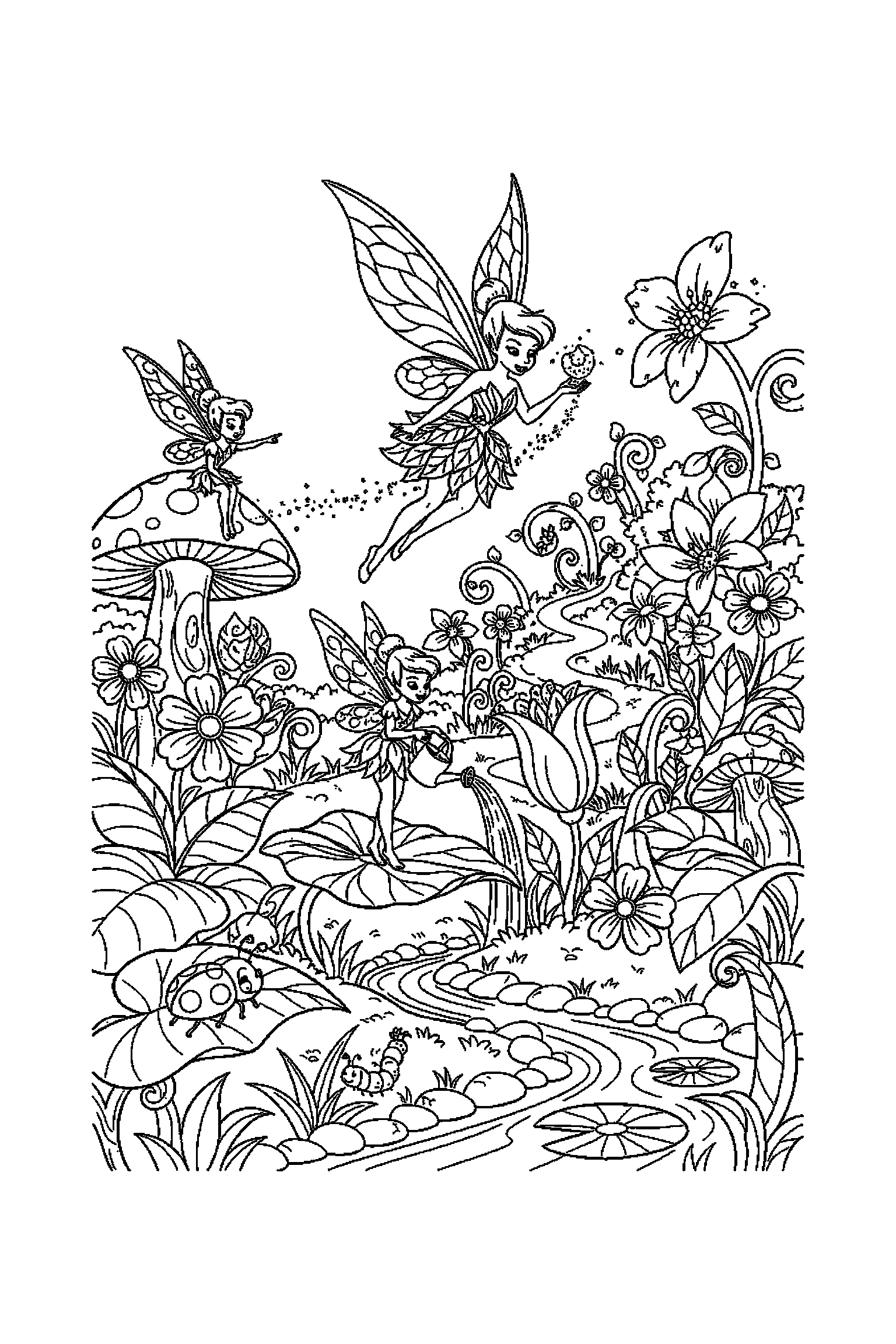 Coloriage Fée Clochette gratuit à imprimer - une fée des fleurs en petite scène d'aventure Coloriage Fée Clochette gratuit à imprimer : une fée des fleurs en petite scène d'aventure