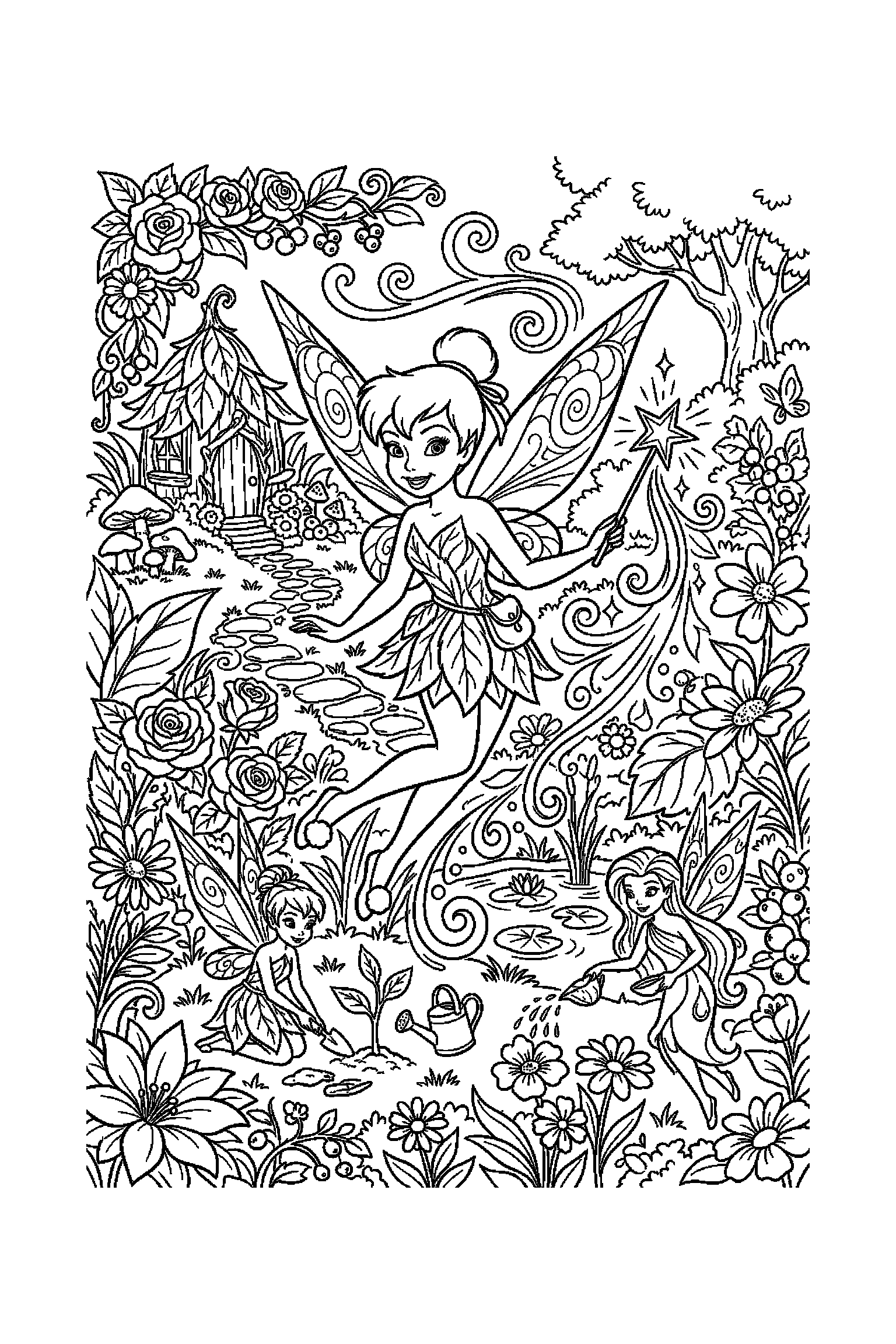 Coloriage Fée Clochette gratuit à imprimer : une fée jardinière avec une étoile, volutes et arrière-plan complet