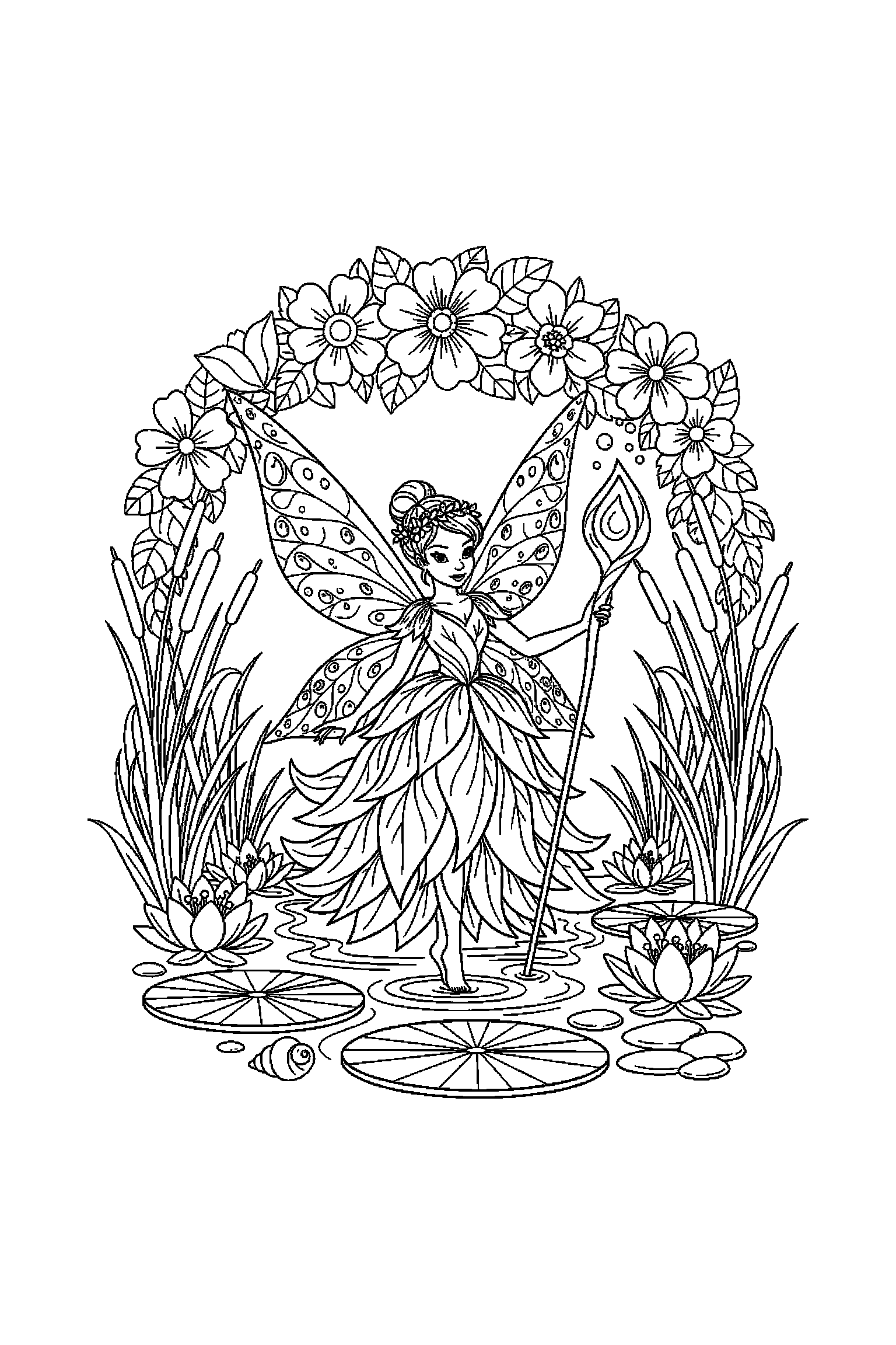 Coloriage Fée Clochette gratuit à imprimer - une fée des eaux avec un décor d'arrière-plan Coloriage Fée Clochette gratuit à imprimer : une fée des eaux avec un décor d'arrière-plan