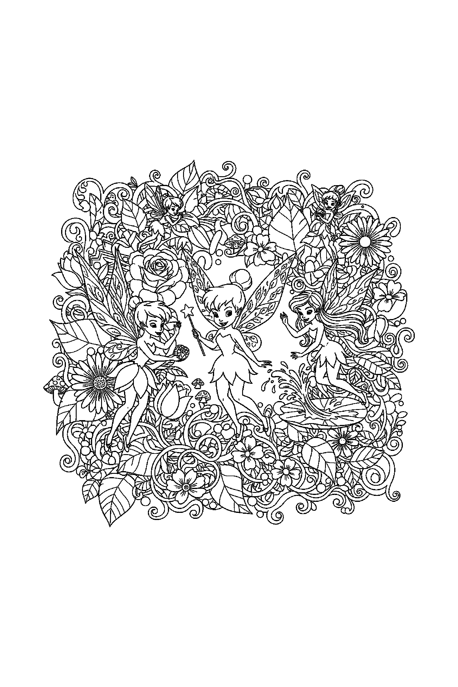 Coloriage Fée Clochette gratuit à imprimer : les fées de la vallée dans une composition d'affiche à colorier