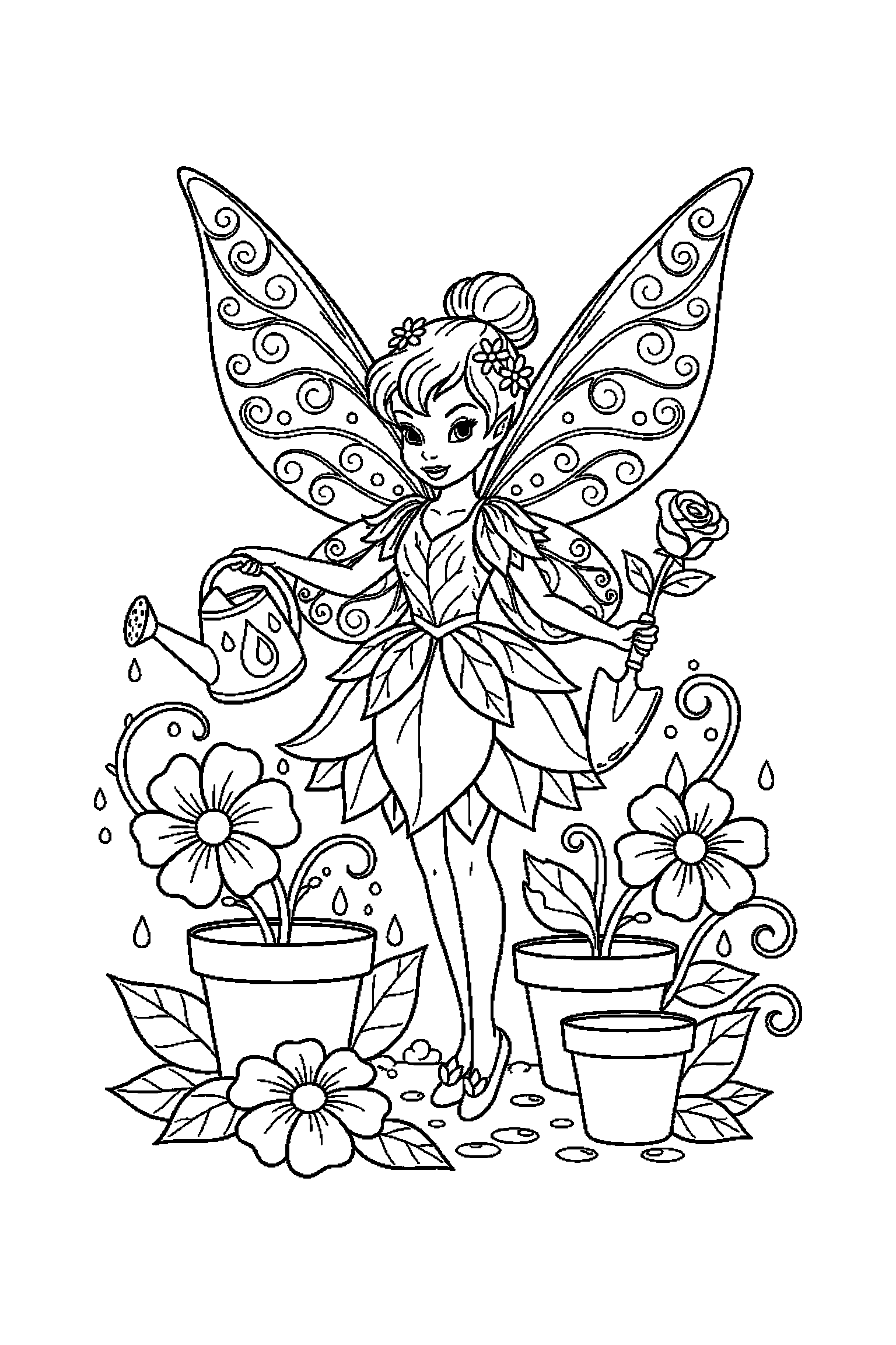Coloriage Fée Clochette gratuit à imprimer - une fée jardinière avec deux accessoires à colorier Coloriage Fée Clochette gratuit à imprimer : une fée jardinière avec deux accessoires à colorier
